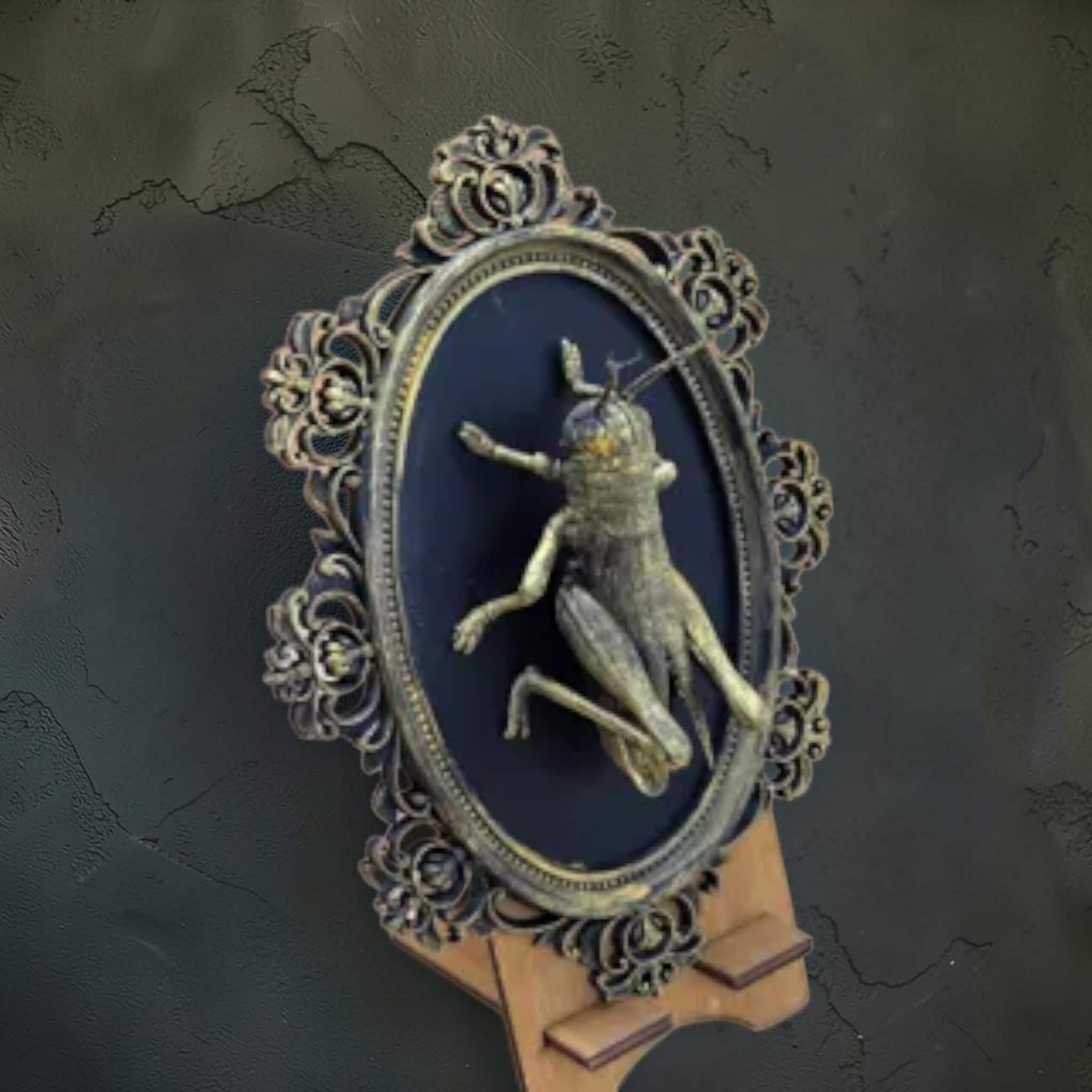 Grasshopper wall plaque in ornate frame | vintage insect wall decor
