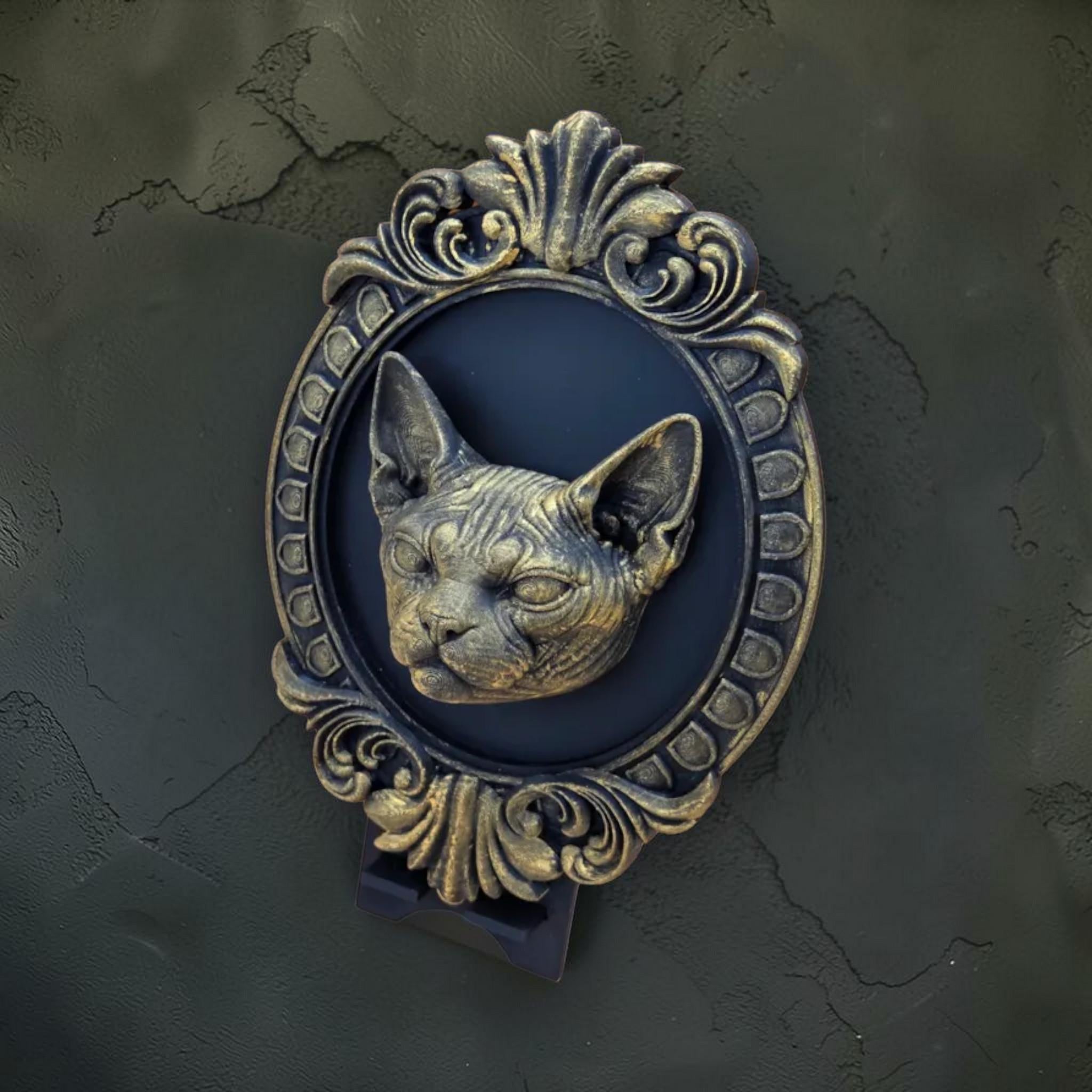 Sphynx cat wall plaque in baroque frame | Gothic cat wall decor