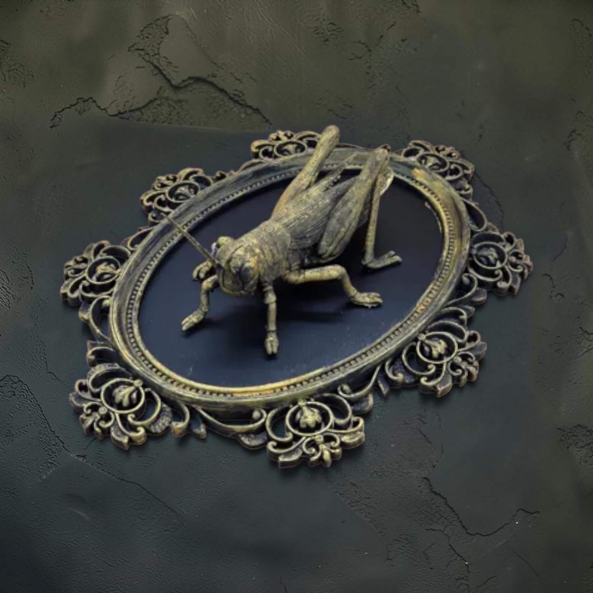 Grasshopper wall plaque in ornate frame | vintage insect wall decor