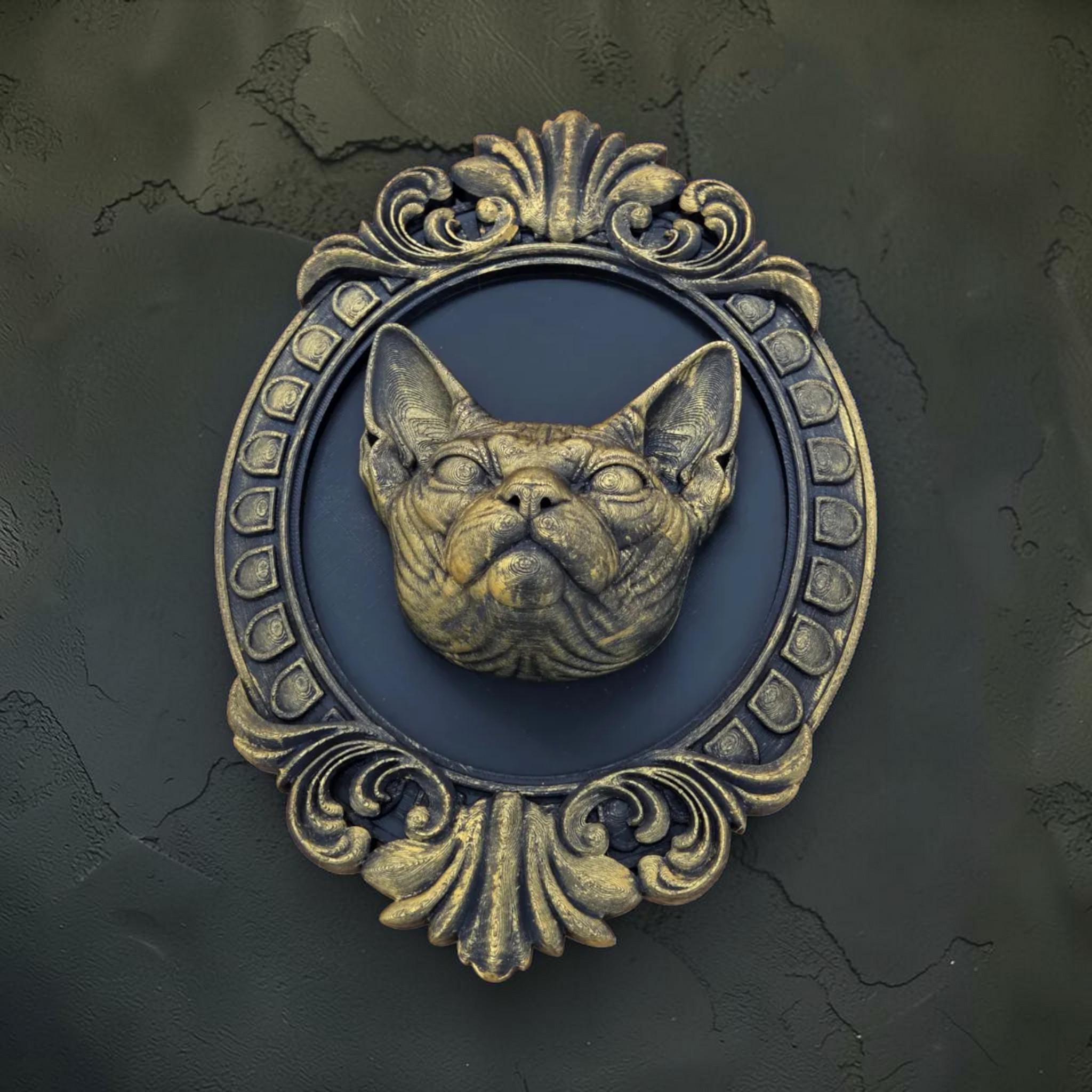 Sphynx cat wall plaque in baroque frame | Gothic cat wall decor