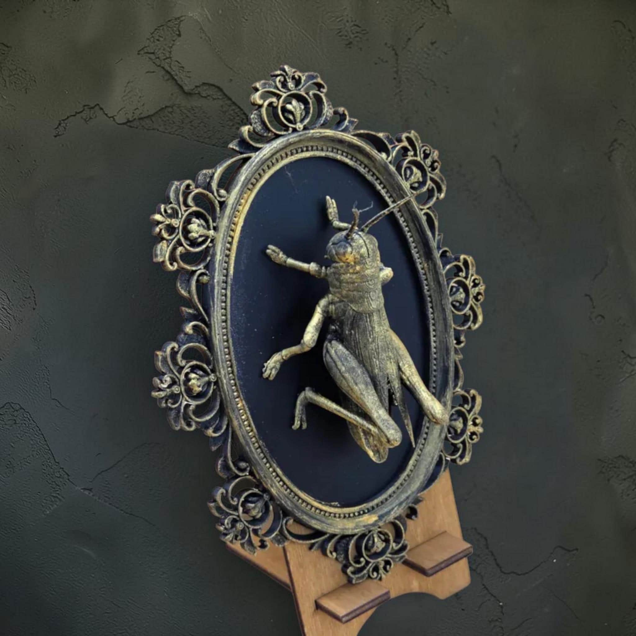 Grasshopper wall plaque in ornate frame | vintage insect wall decor