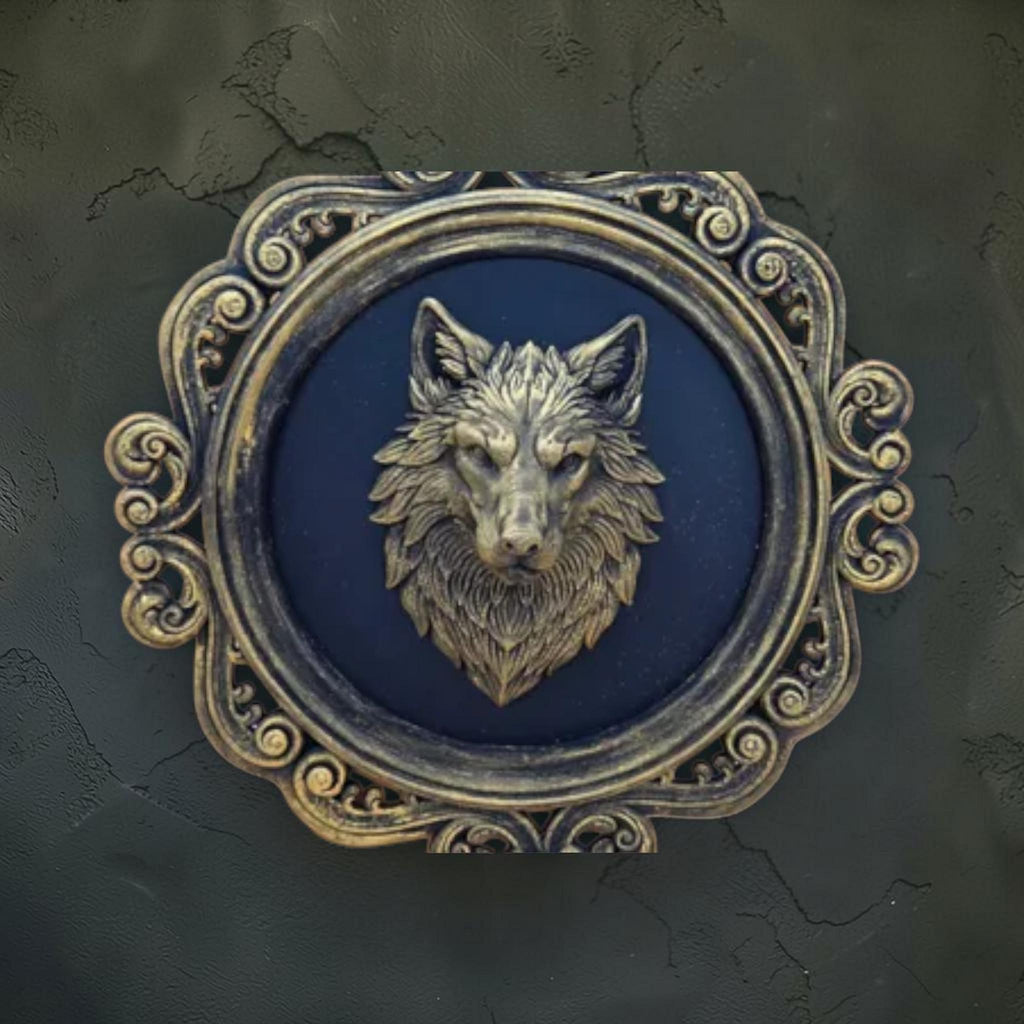 Wolf head wall plaque in ornate frame | gothic animal wall decor