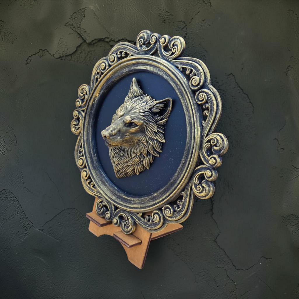 Wolf head wall plaque in ornate frame | gothic animal wall decor