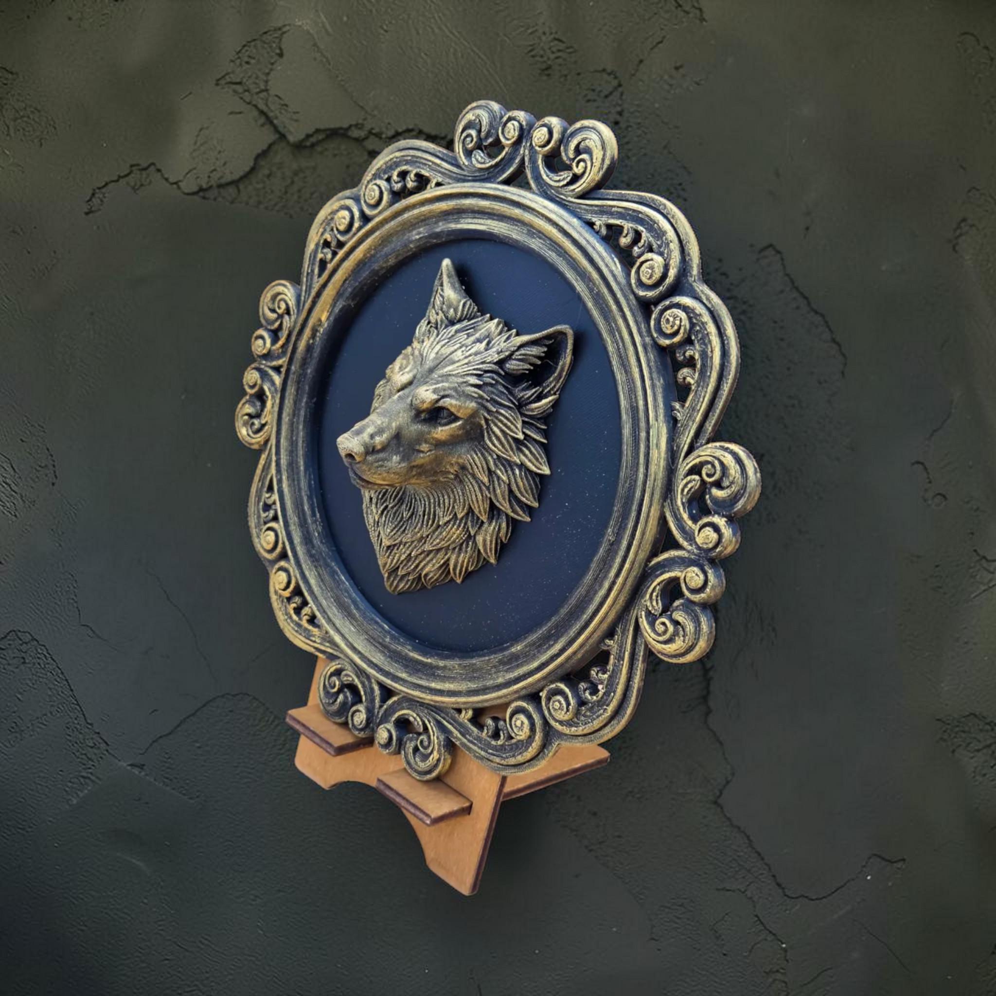 Wolf head wall plaque in ornate frame | gothic animal wall decor