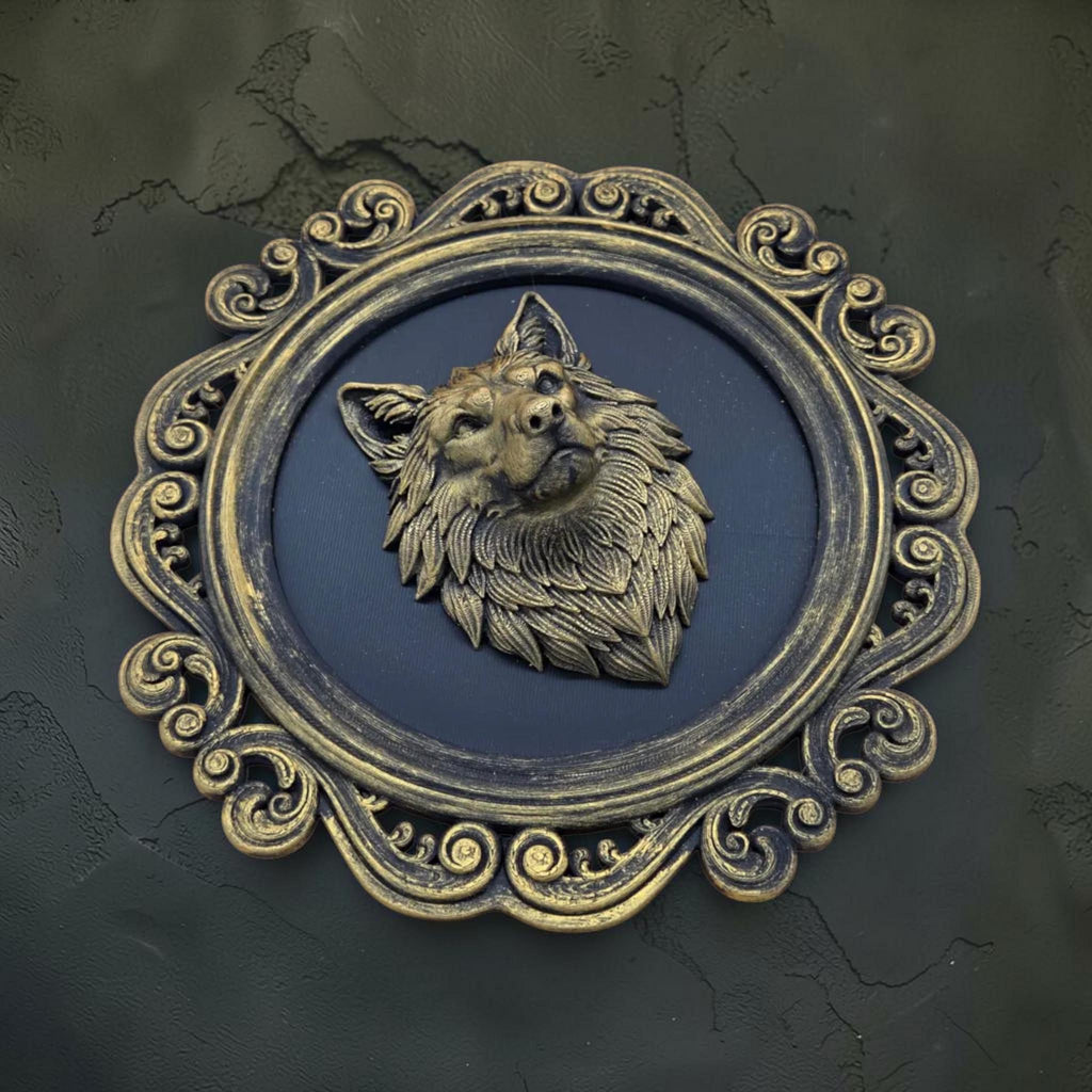 Wolf head wall plaque in ornate frame | gothic animal wall decor