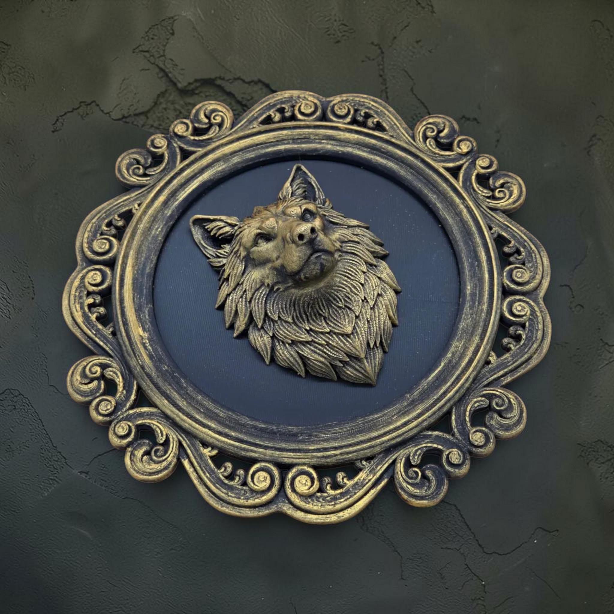 Wolf head wall plaque in ornate frame | gothic animal wall decor