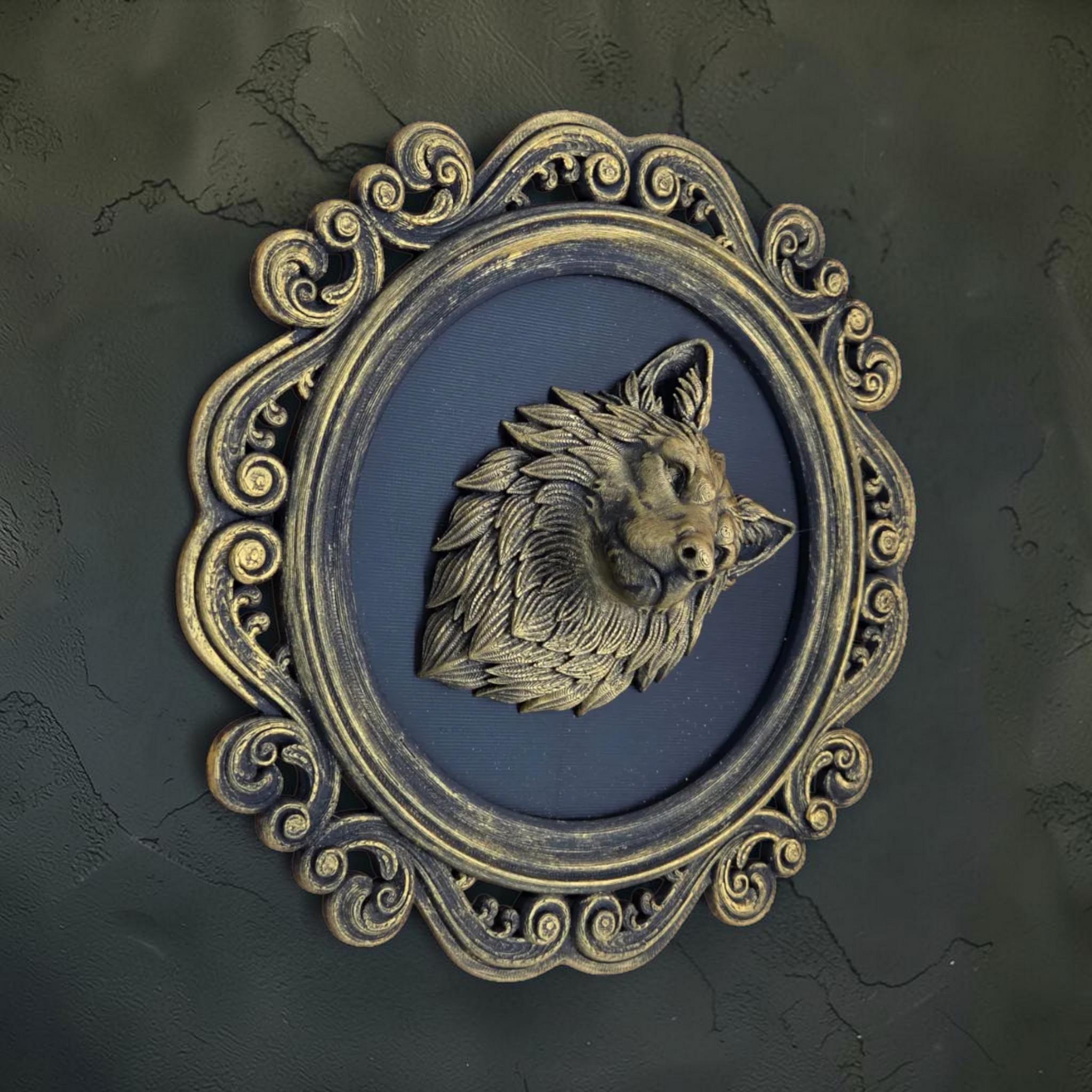Wolf head wall plaque in ornate frame | gothic animal wall decor