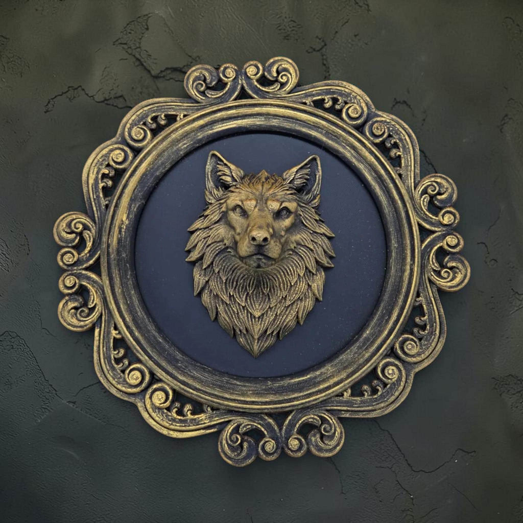 Wolf head wall plaque in ornate frame | gothic animal wall decor