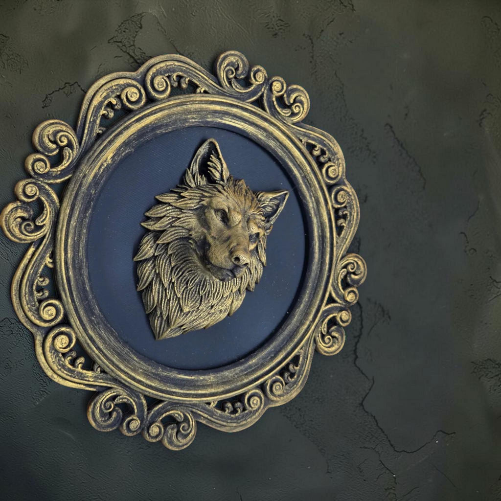 Wolf head wall plaque in ornate frame | gothic animal wall decor