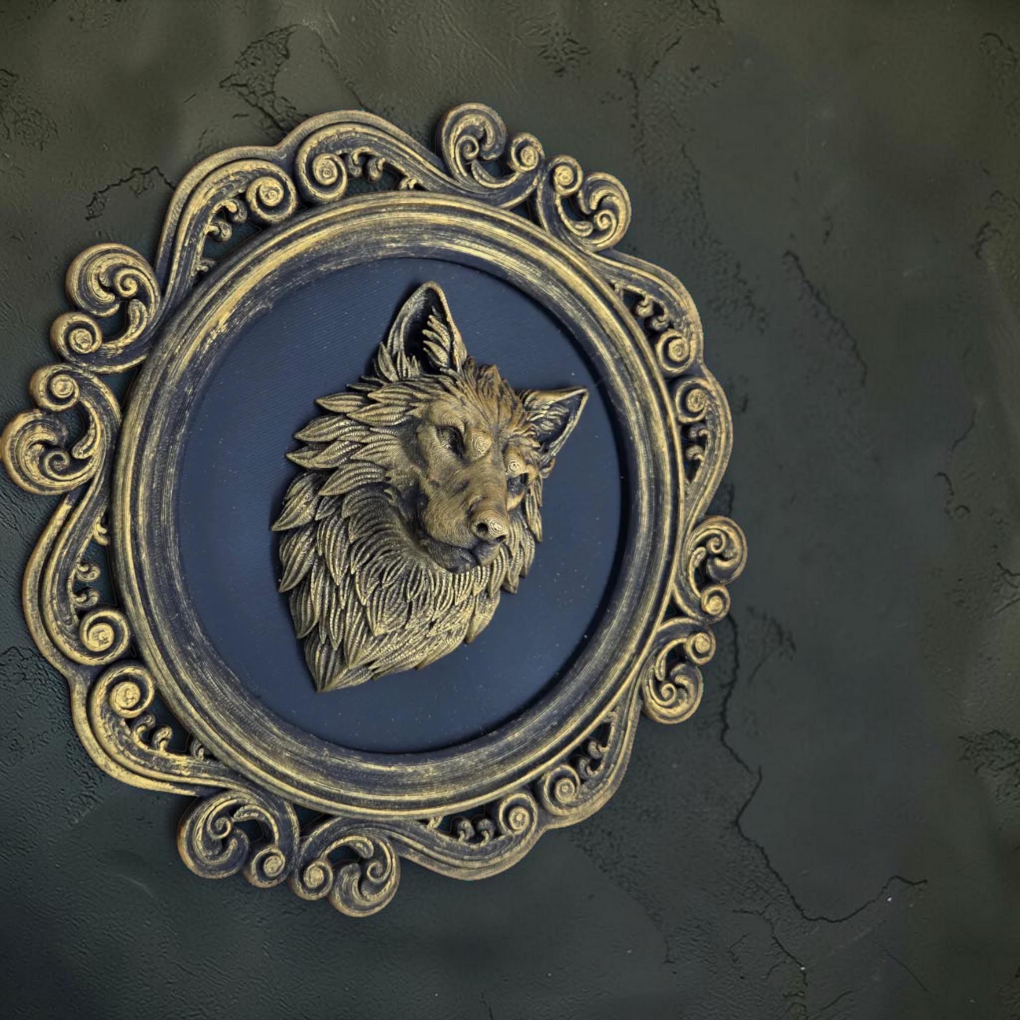 Wolf head wall plaque in ornate frame | gothic animal wall decor
