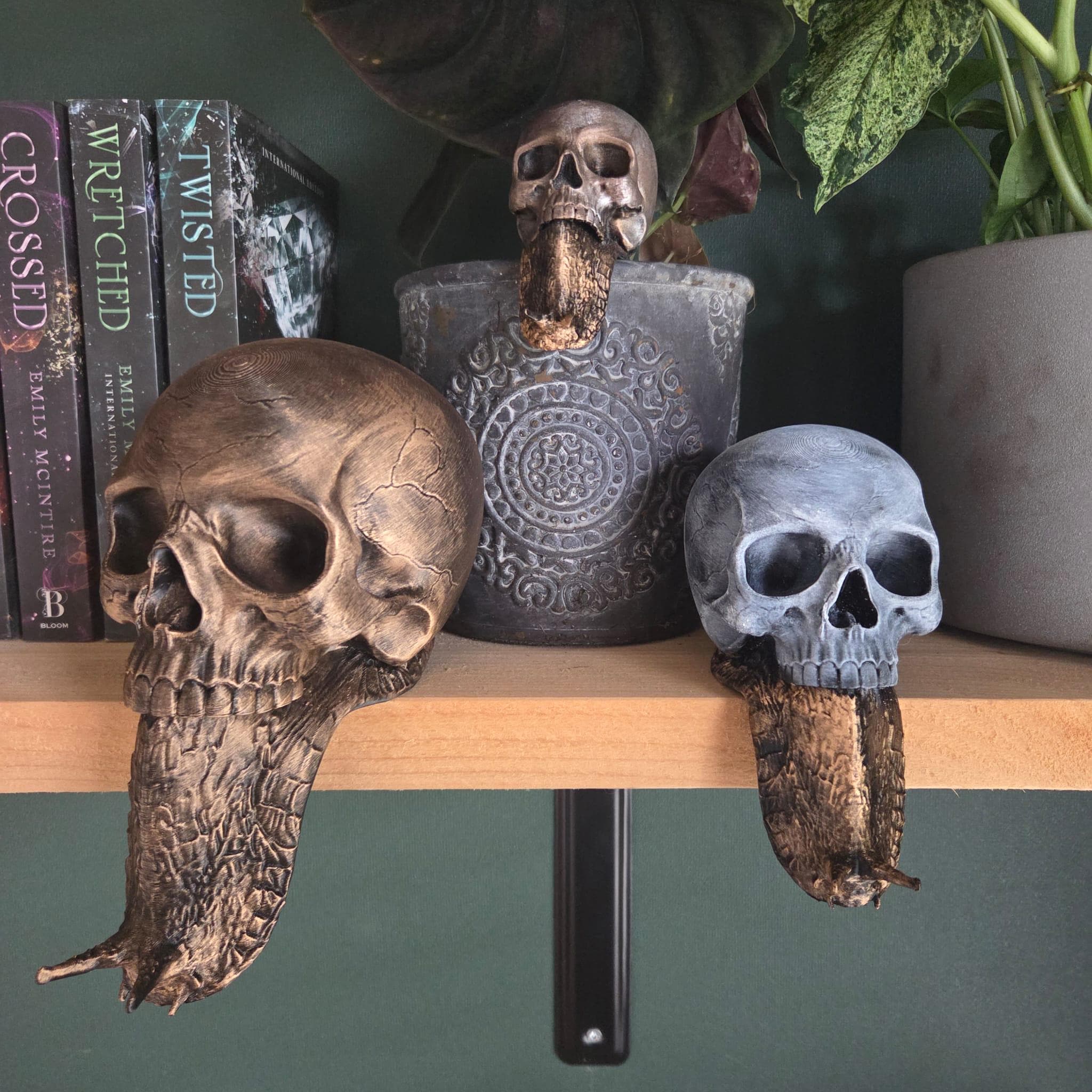 Skull Snail Figurine – Gothic Bookshelf Decor – Dark Fantasy Skull Sculpture – Creepy Home Decor – Gothic Gift