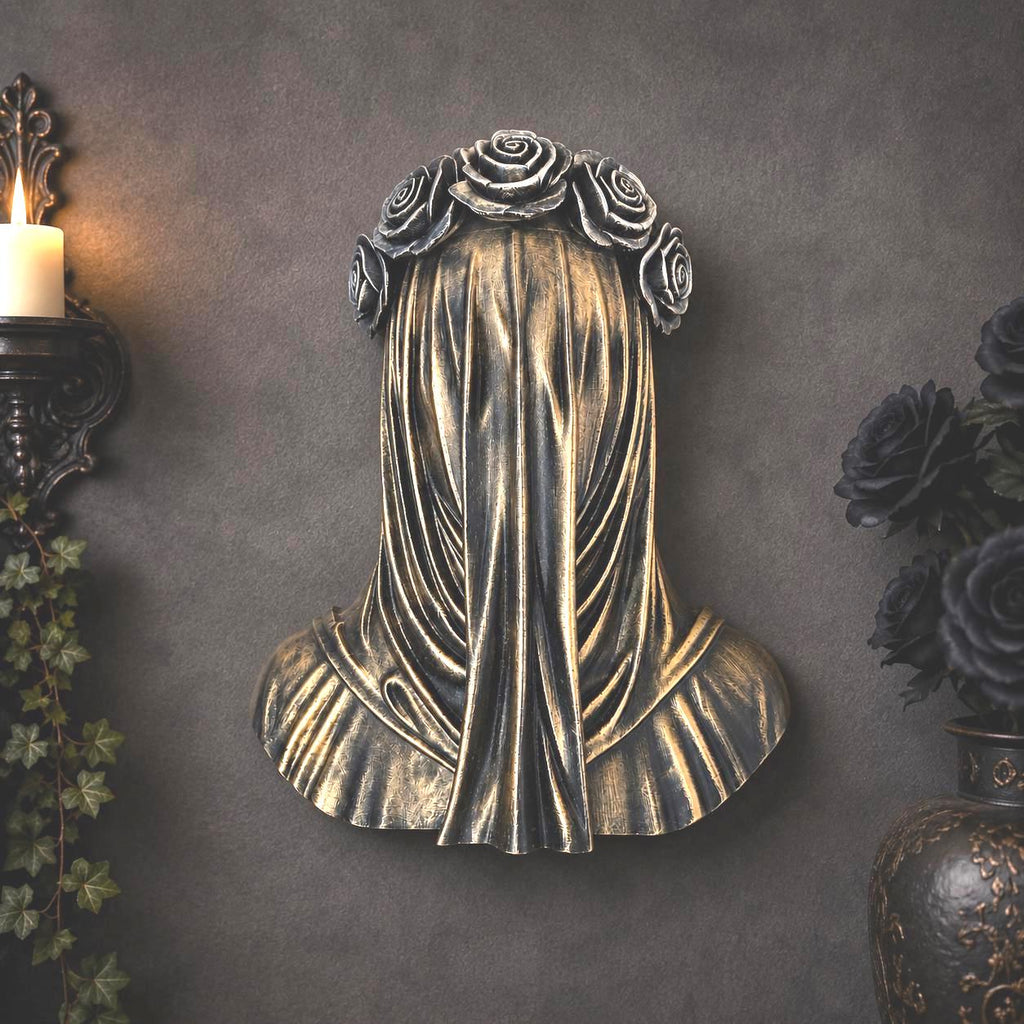 Gothic Veiled Woman Wall Decor | Rose Crown Wall Sculpture | Dark Academia Decor | Gothic Wall Art | Mourning Woman Statue