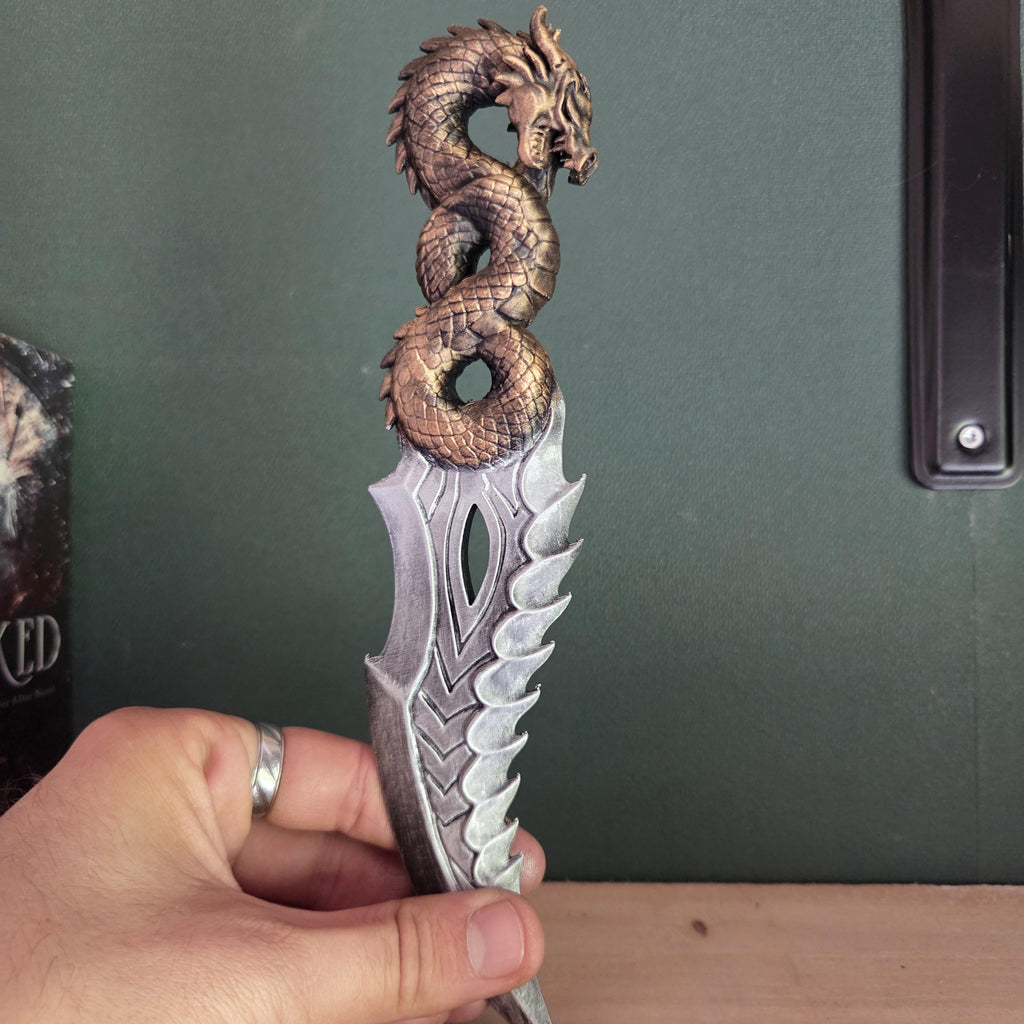 Dragon Dagger with Stand | Fantasy Knife Decor | Gothic Desk Decor | 3D Printed Dragon Blade | Bookish Gift | Fantasy Collectible