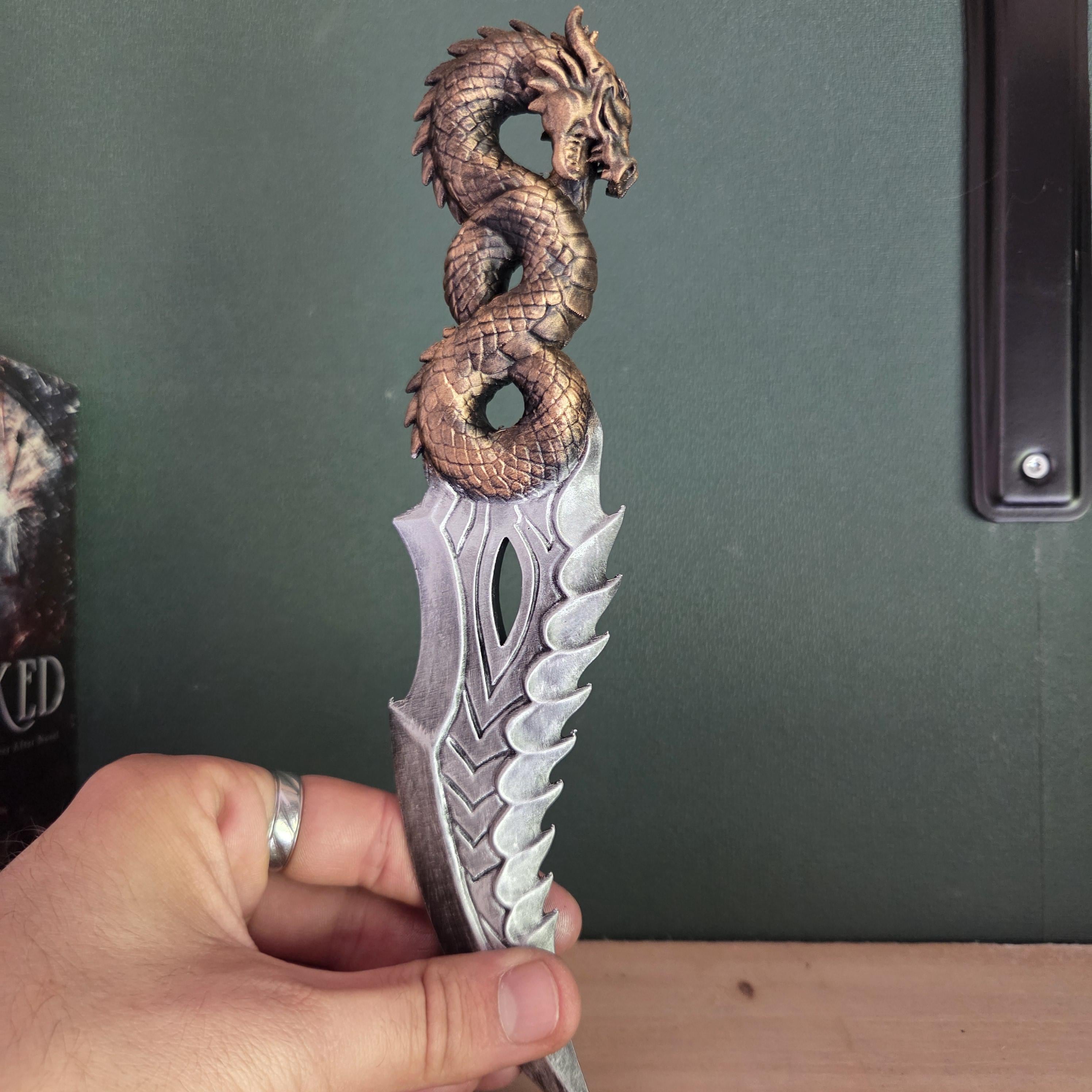 Dragon Dagger with Stand | Fantasy Knife Decor | Gothic Desk Decor | 3D Printed Dragon Blade | Bookish Gift | Fantasy Collectible