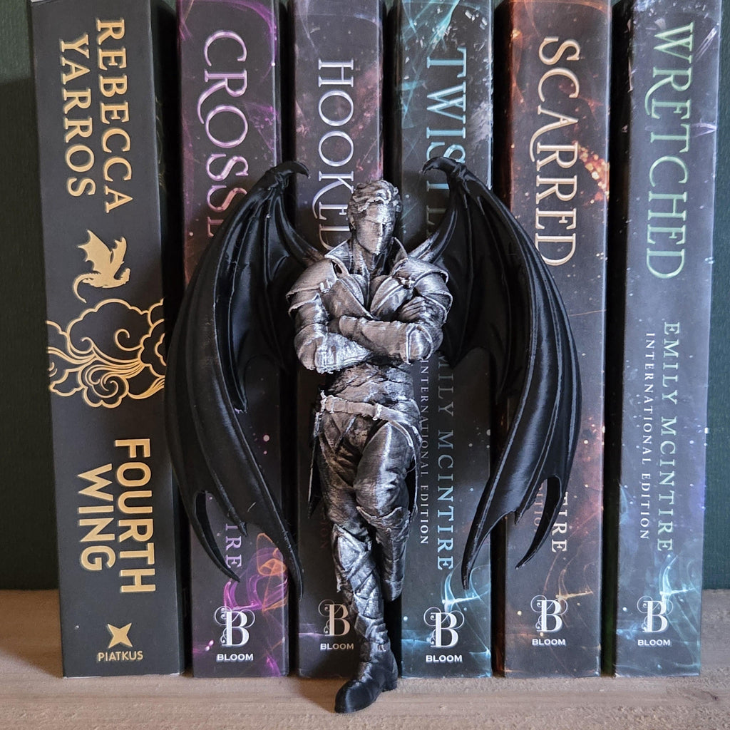 Winged Shadow Warrior Shelf Sitter – Dark Romantasy Bookshelf Decor, Gothic Dragon Rider Figurine, Fantasy Book Nook Decor