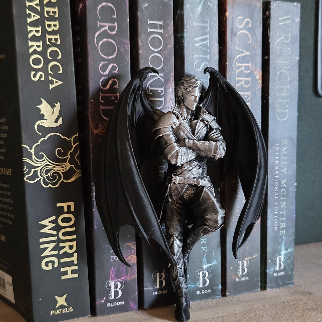 Winged Shadow Warrior Shelf Sitter – Dark Romantasy Bookshelf Decor, Gothic Dragon Rider Figurine, Fantasy Book Nook Decor