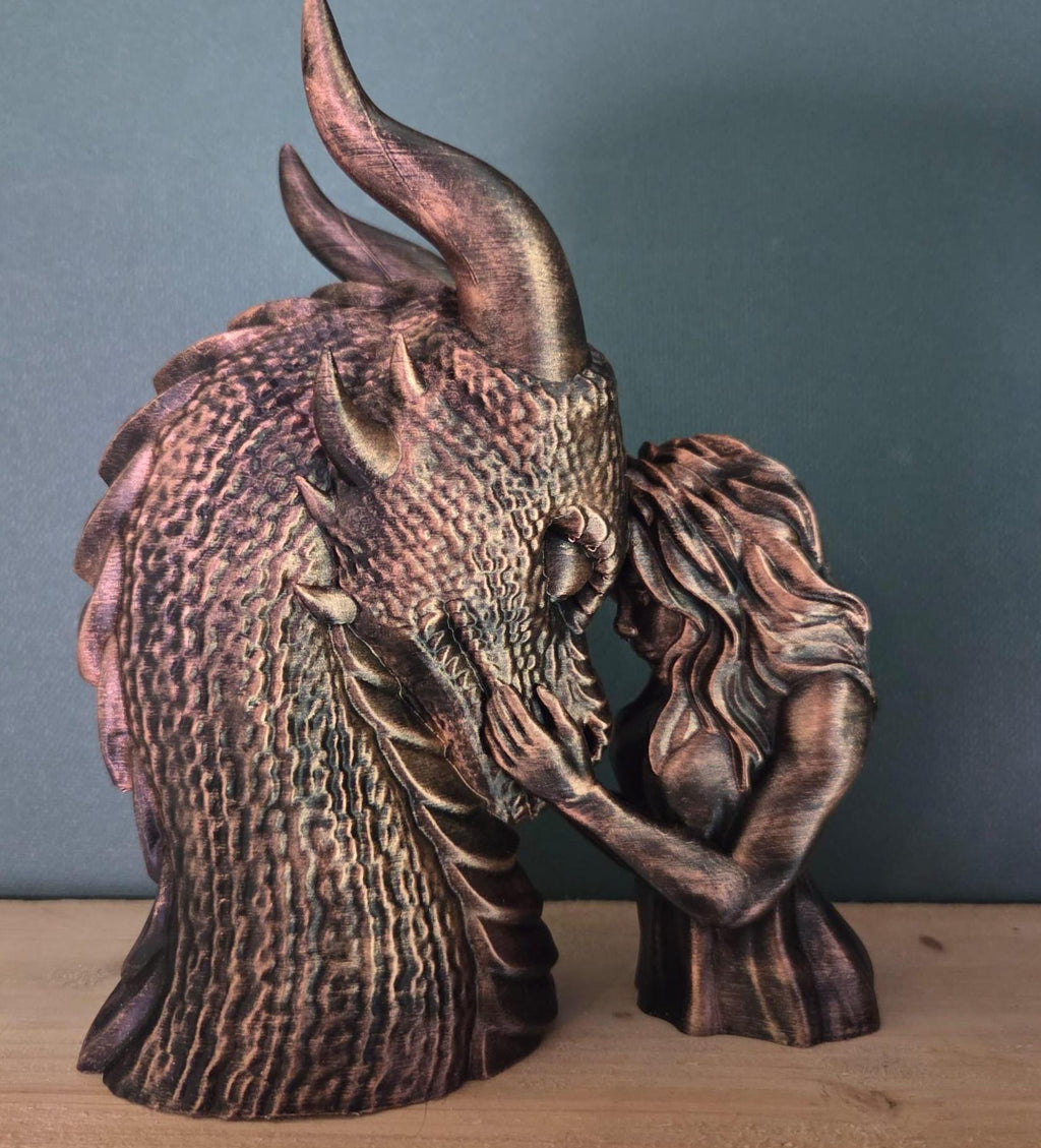 Dragon Bond Sculpture with woman - dragon rider – Fantasy Dragon Statue – Gothic Bookish Decor – Romantic Fantasy Gift – 3D Printed Figurine