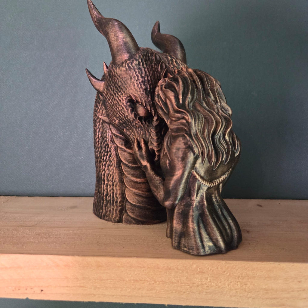 Dragon Bond Sculpture with woman - dragon rider – Fantasy Dragon Statue – Gothic Bookish Decor – Romantic Fantasy Gift – 3D Printed Figurine