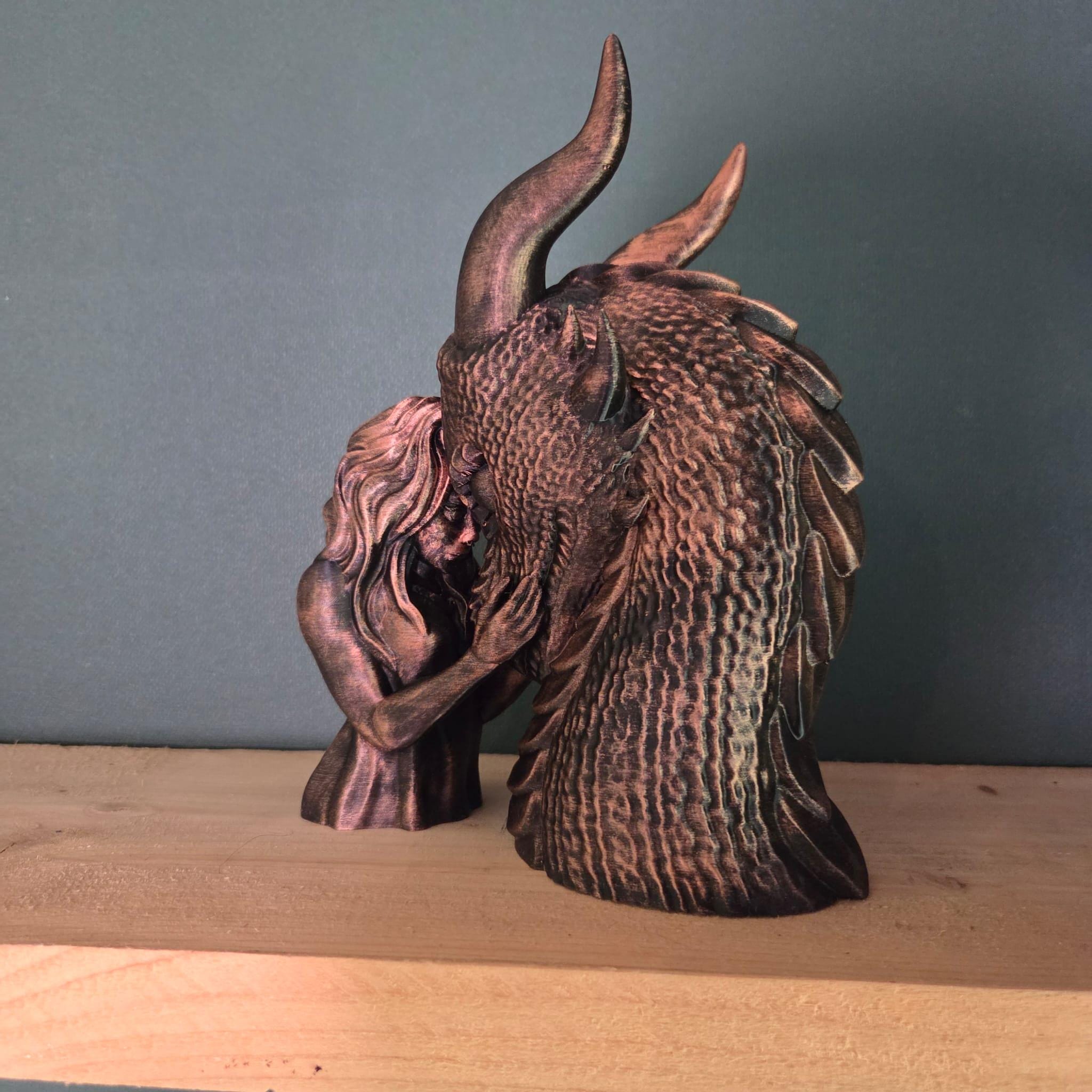 Dragon Bond Sculpture with woman - dragon rider – Fantasy Dragon Statue – Gothic Bookish Decor – Romantic Fantasy Gift – 3D Printed Figurine