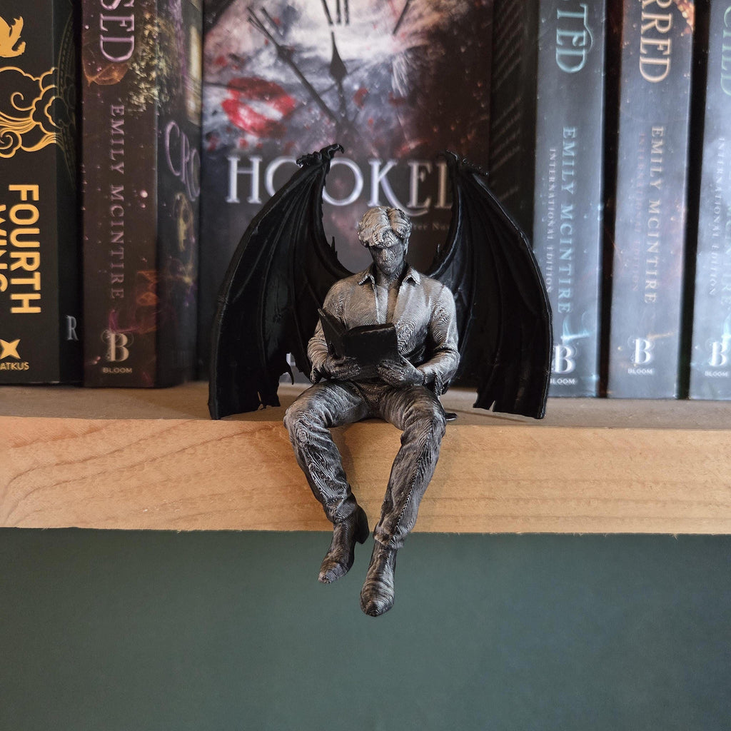 Winged Dark Romance Reader Shelf Sitter – Gothic Bookish Decor, Fantasy Book Nook Figure, Dark Academia Bookshelf Gift