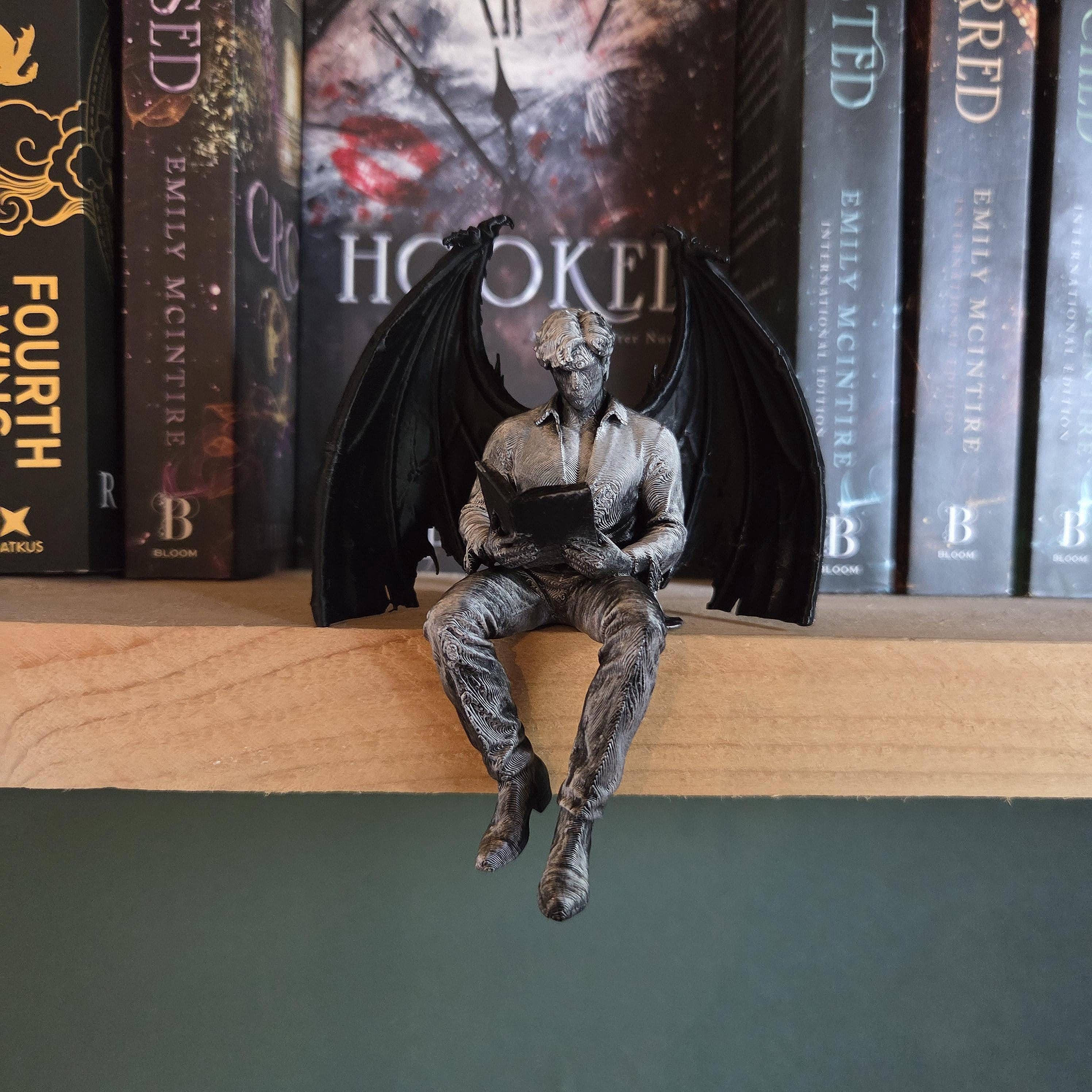 Winged Dark Romance Reader Shelf Sitter – Gothic Bookish Decor, Fantasy Book Nook Figure, Dark Academia Bookshelf Gift