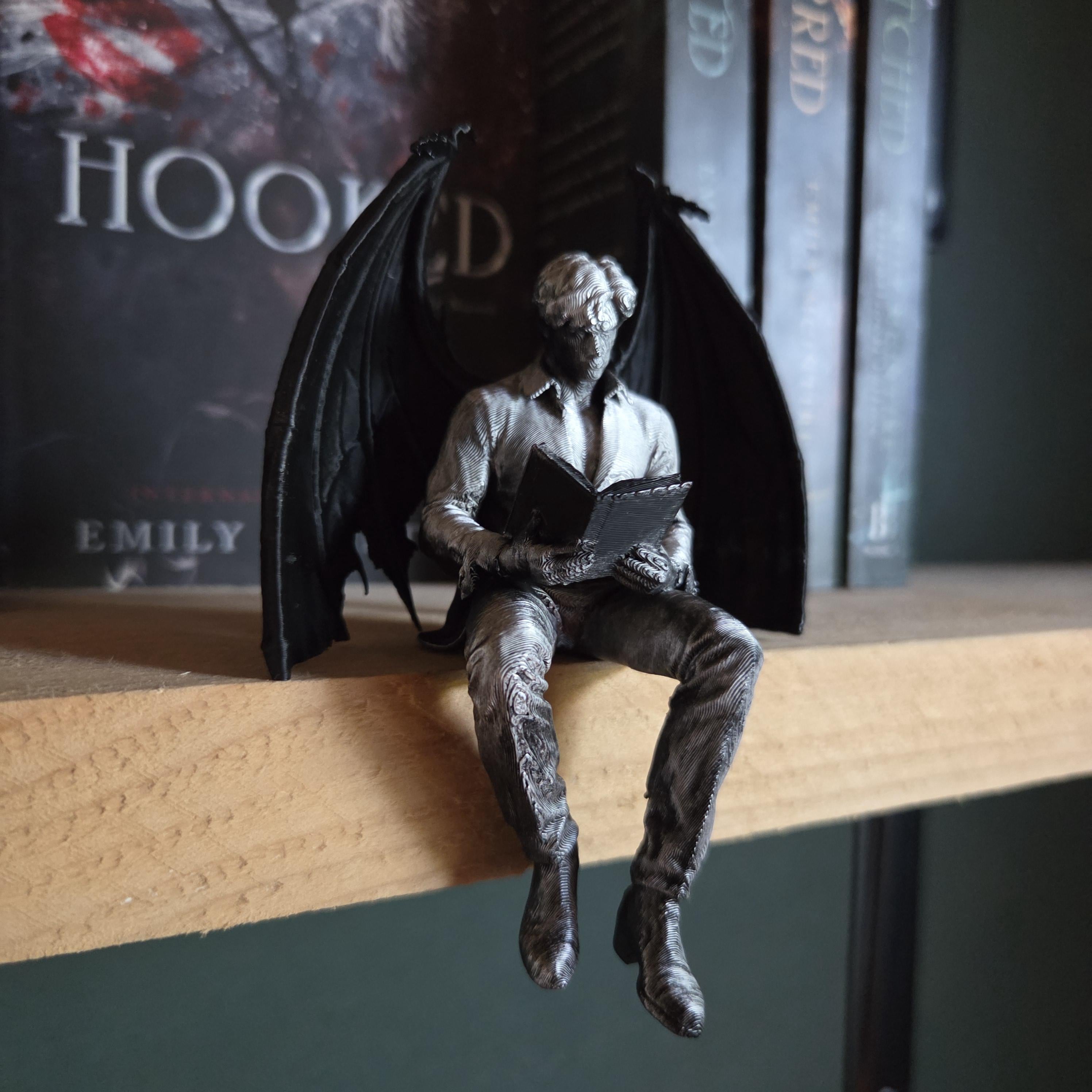 Winged Dark Romance Reader Shelf Sitter – Gothic Bookish Decor, Fantasy Book Nook Figure, Dark Academia Bookshelf Gift