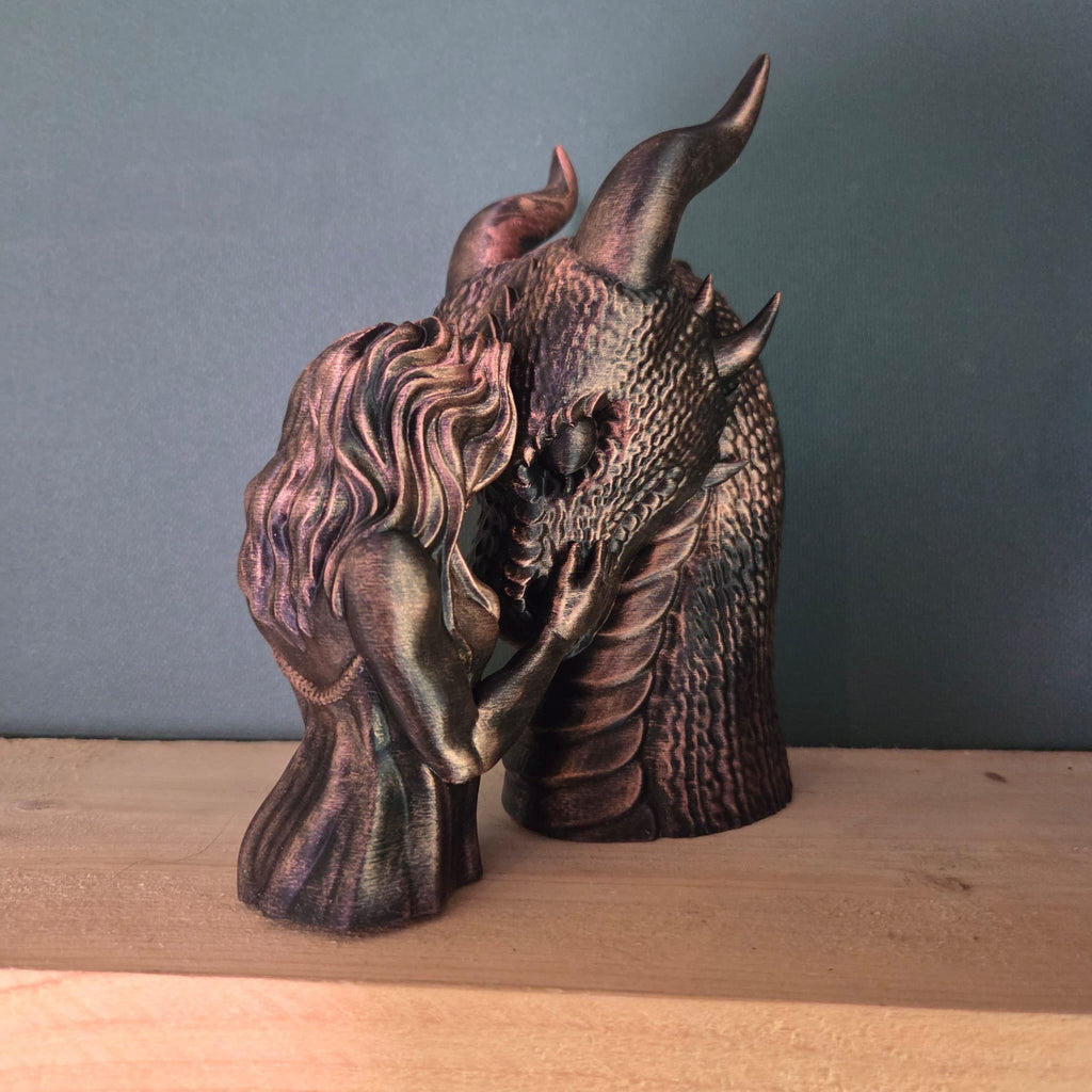 Dragon Bond Sculpture with Woman or Man – Fantasy Dragon Statue – Gothic Bookish Decor – Romantic Fantasy Gift – 3D Printed Figurine
