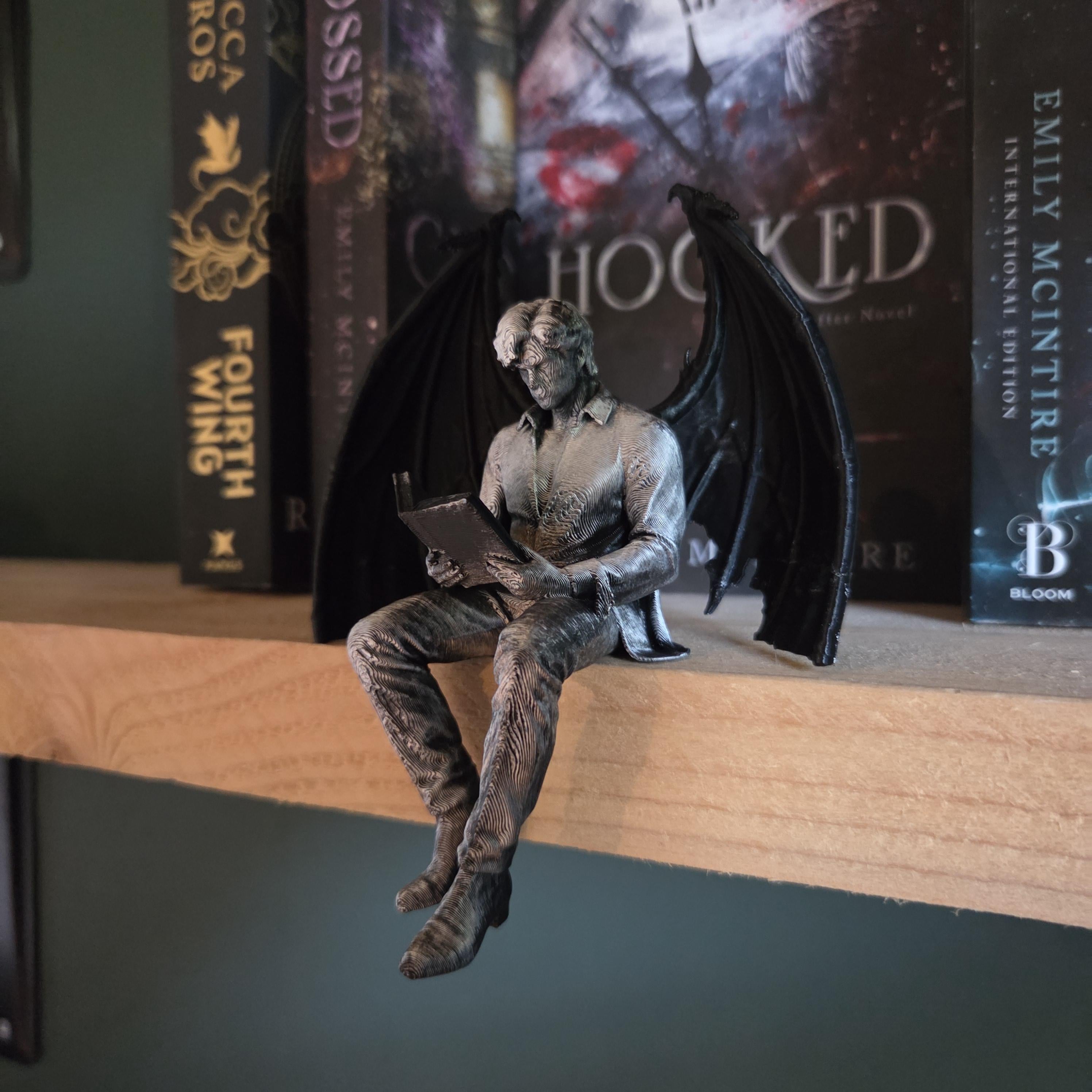 Winged Dark Romance Reader Shelf Sitter – Gothic Bookish Decor, Fantasy Book Nook Figure, Dark Academia Bookshelf Gift