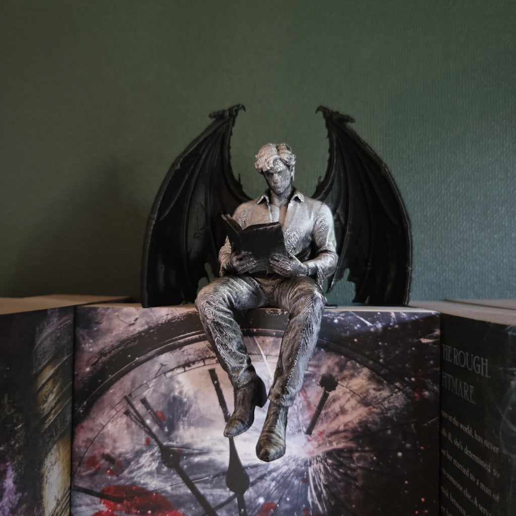 Winged Dark Romance Reader Shelf Sitter – Gothic Bookish Decor, Fantasy Book Nook Figure, Dark Academia Bookshelf Gift