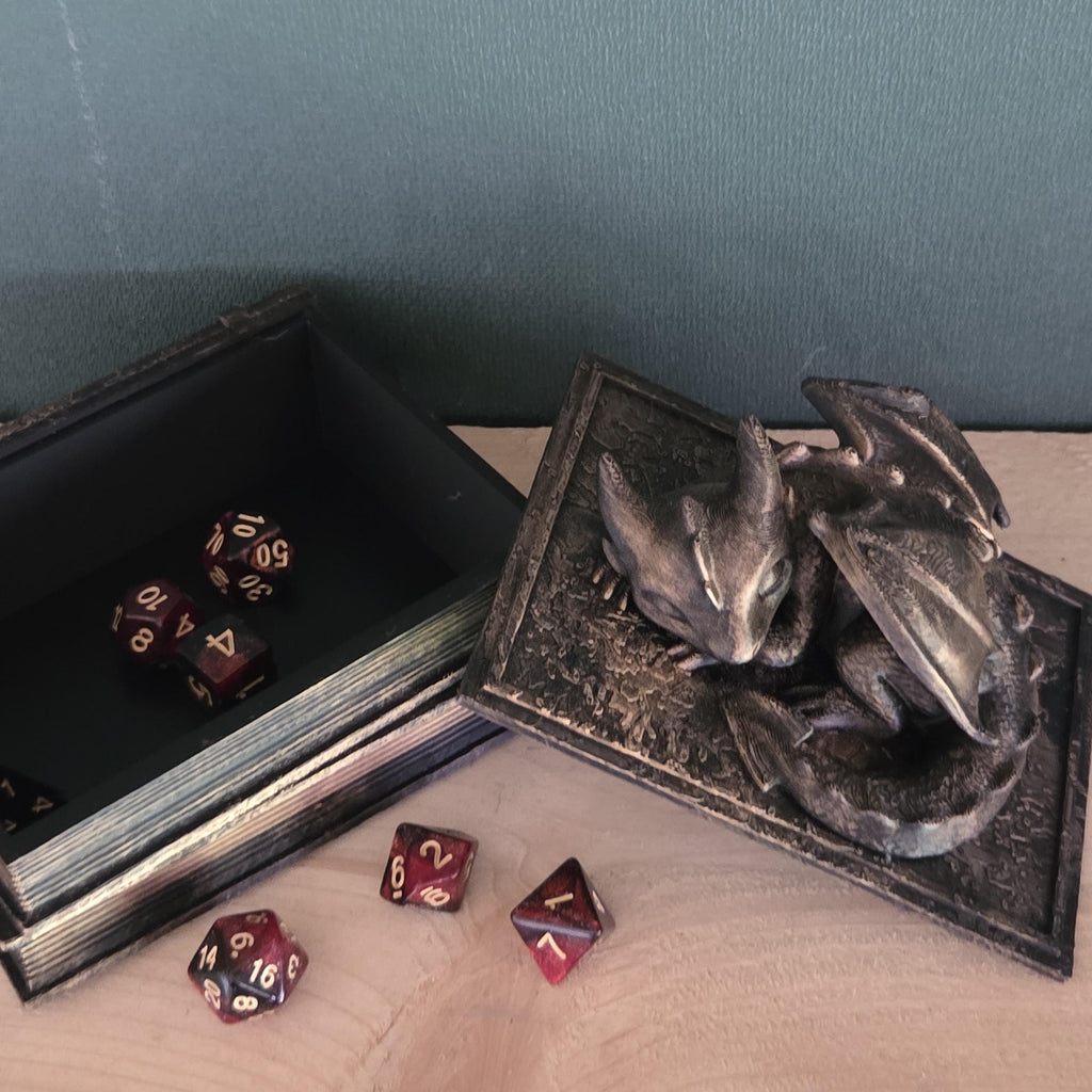 Sleeping Dragon Dice Box – Fantasy Book Dice Storage – DnD Dice Holder – Tabletop RPG Accessory – Dragon Gamer Gift