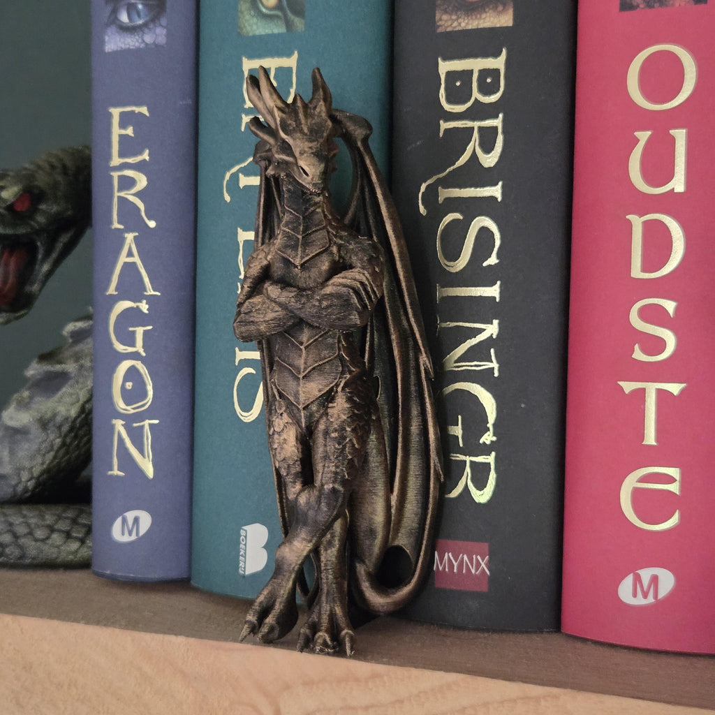 Dragon Bookshelf Figurine – Reading Dragon Statue – Proud Dragon Shelf Sitter – Fantasy Book Decor – Book Lover Gift