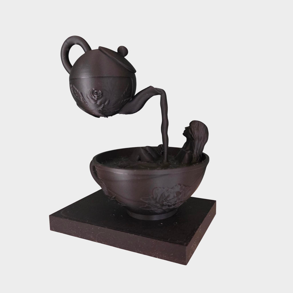 Floating Teapot Bath Sculpture – Surreal Tea Art Figurine – Woman in Teacup Statue – Dark Fantasy & Whimsical Decor