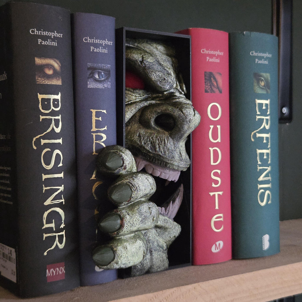 Orc Book Nook Insert – Shelf Diorama with Hand & Face – Handmade Bookshelf Decor for Fantasy Fans