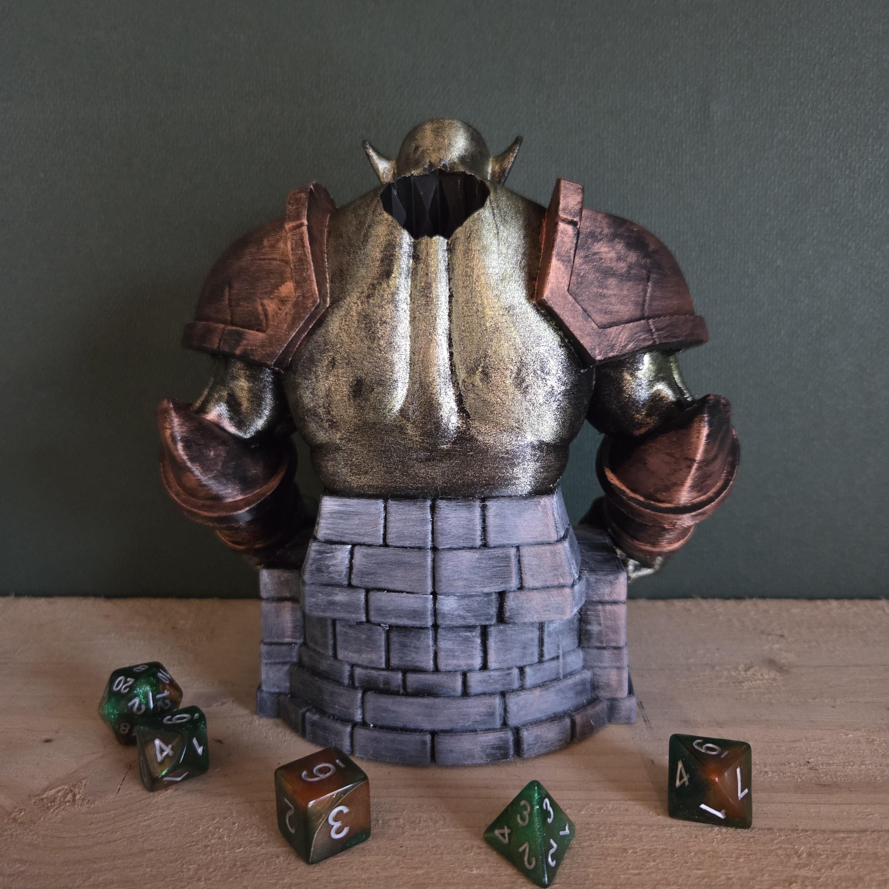 Orc Dice Tower – Fantasy Dice Roller with Armored Bust – Handmade Tabletop RPG Accessory