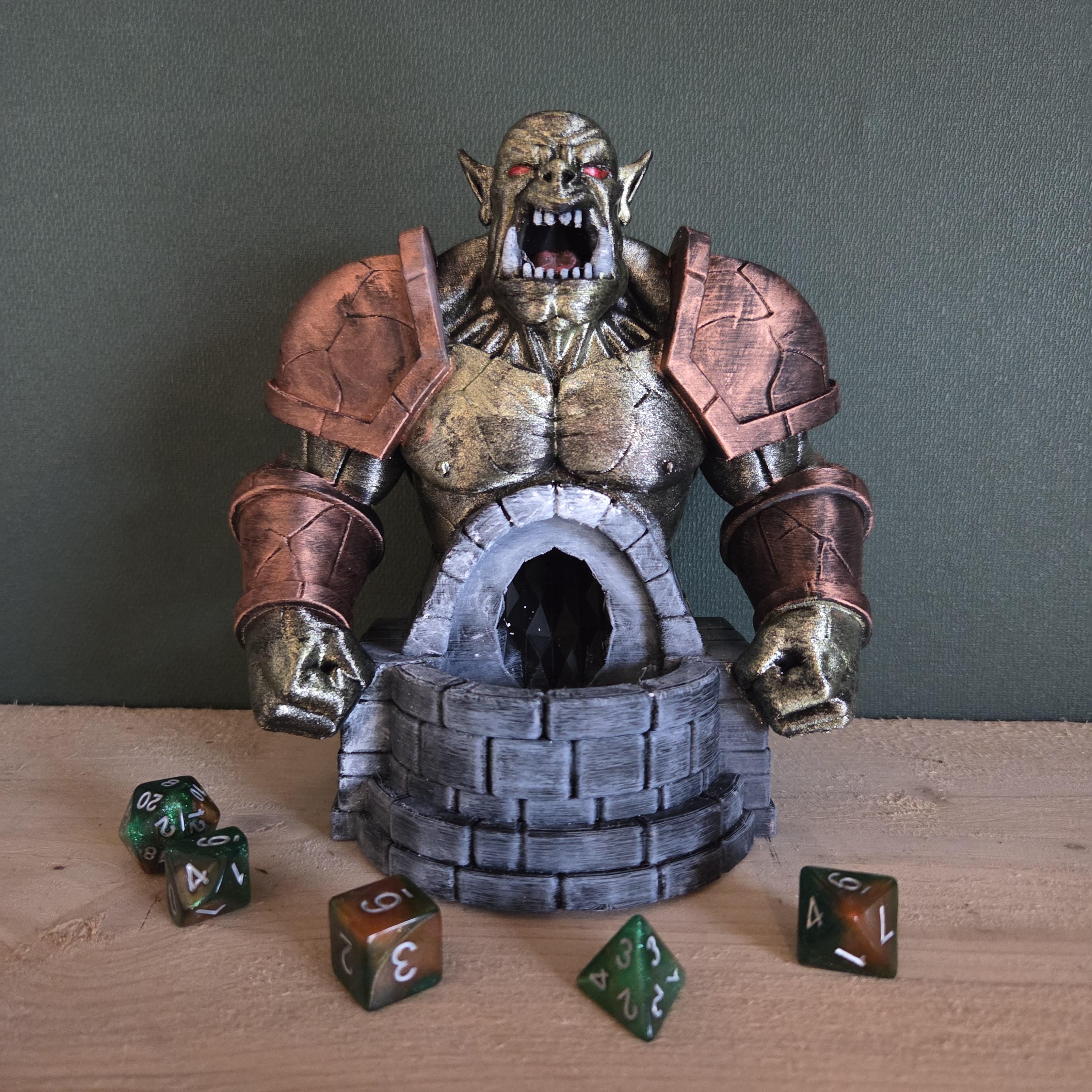 Orc Dice Tower – Fantasy Dice Roller with Armored Bust – Handmade Tabletop RPG Accessory