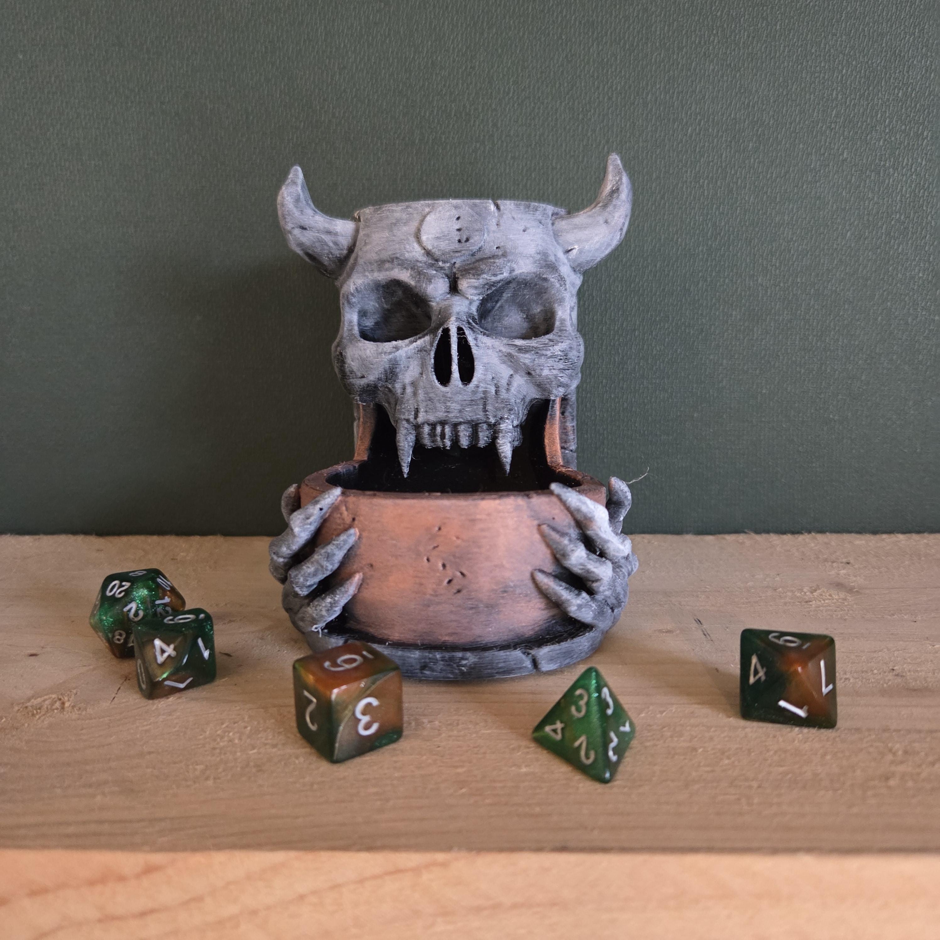 Demonic Skull Dice Tower – Fantasy Dice Roller with Horned – Handmade Tabletop Gaming Accessory