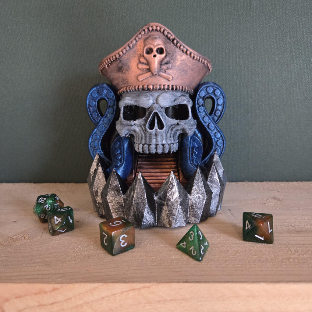 Pirate Skull Dice Tower – Fantasy Dice Roller with Tentacles and Spiked Base – Handmade Tabletop Gaming Decor