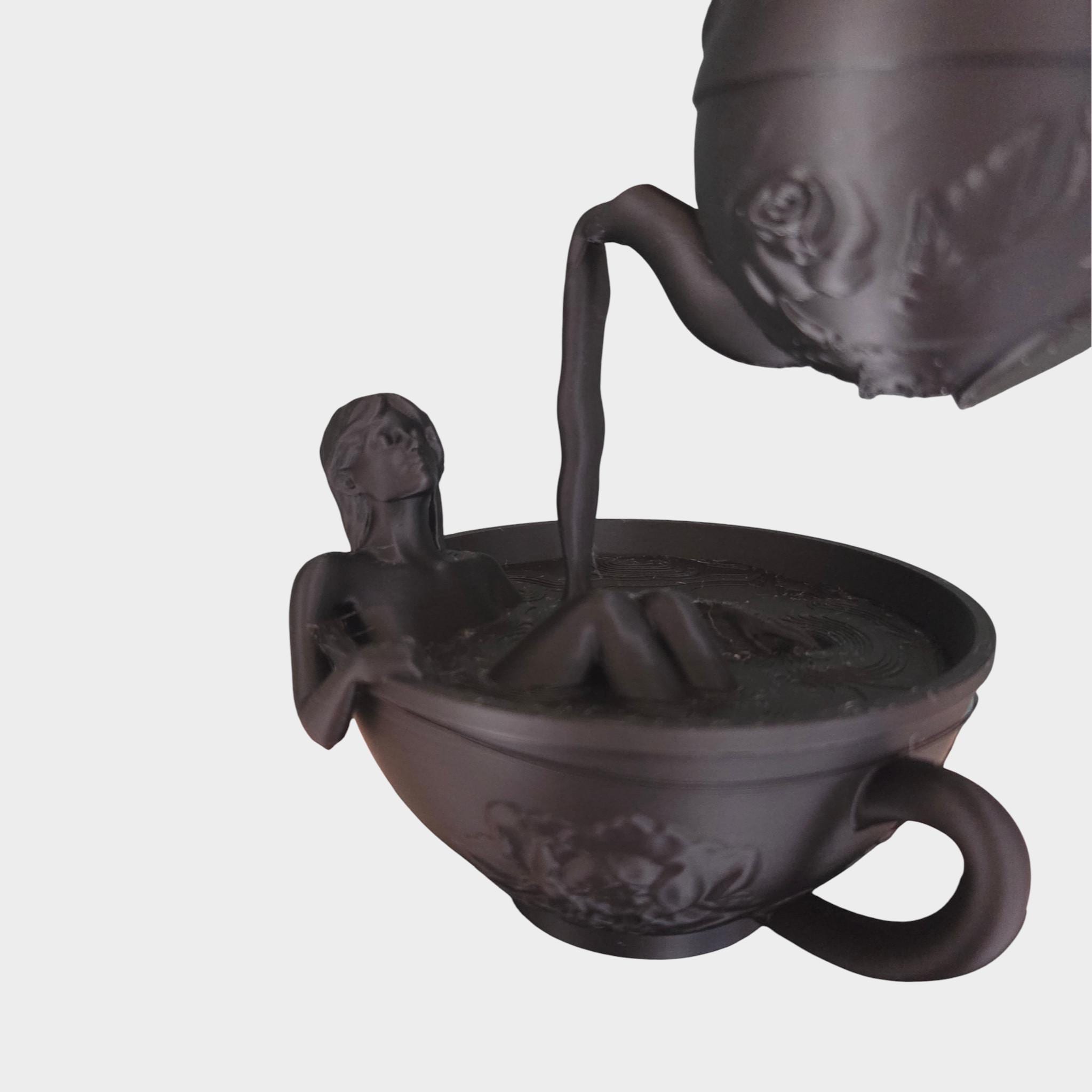 Floating Teapot Bath Sculpture – Surreal Tea Art Figurine – Woman in Teacup Statue – Dark Fantasy & Whimsical Decor