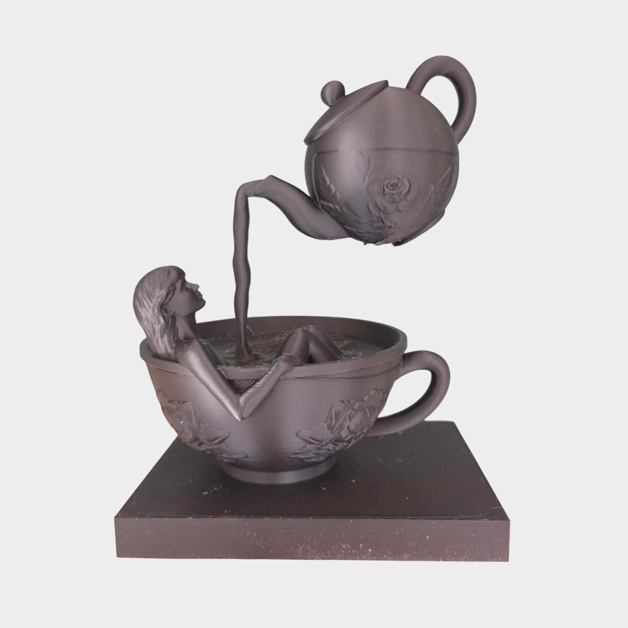 Floating Teapot Bath Sculpture – Surreal Tea Art Figurine – Woman in Teacup Statue – Dark Fantasy & Whimsical Decor