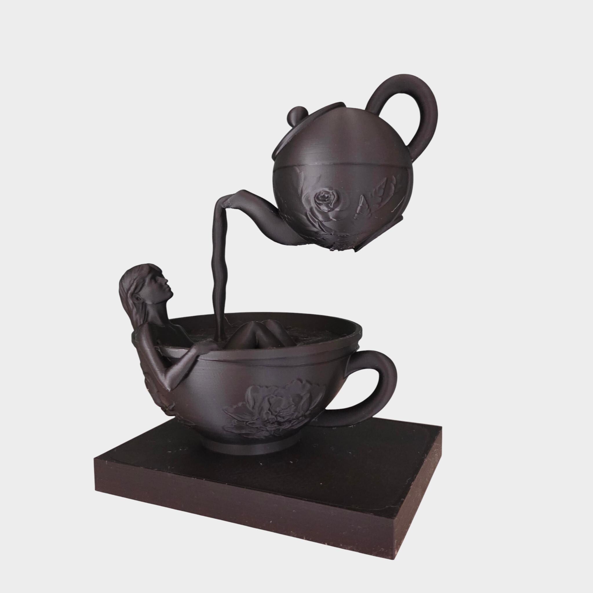 Floating Teapot Bath Sculpture – Surreal Tea Art Figurine – Woman in Teacup Statue – Dark Fantasy & Whimsical Decor
