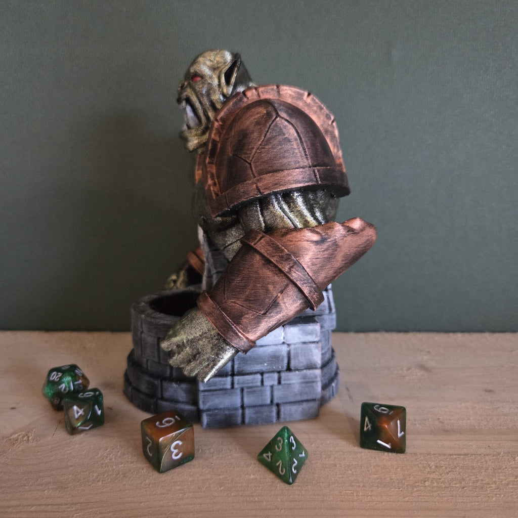 Orc Dice Tower – Fantasy Dice Roller with Armored Bust – Handmade Tabletop RPG Accessory