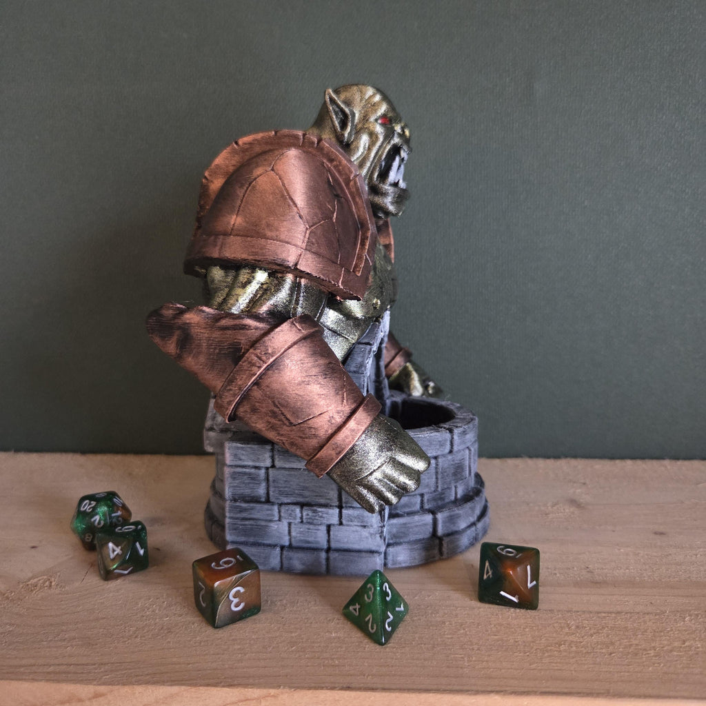 Orc Dice Tower – Fantasy Dice Roller with Armored Bust – Handmade Tabletop RPG Accessory
