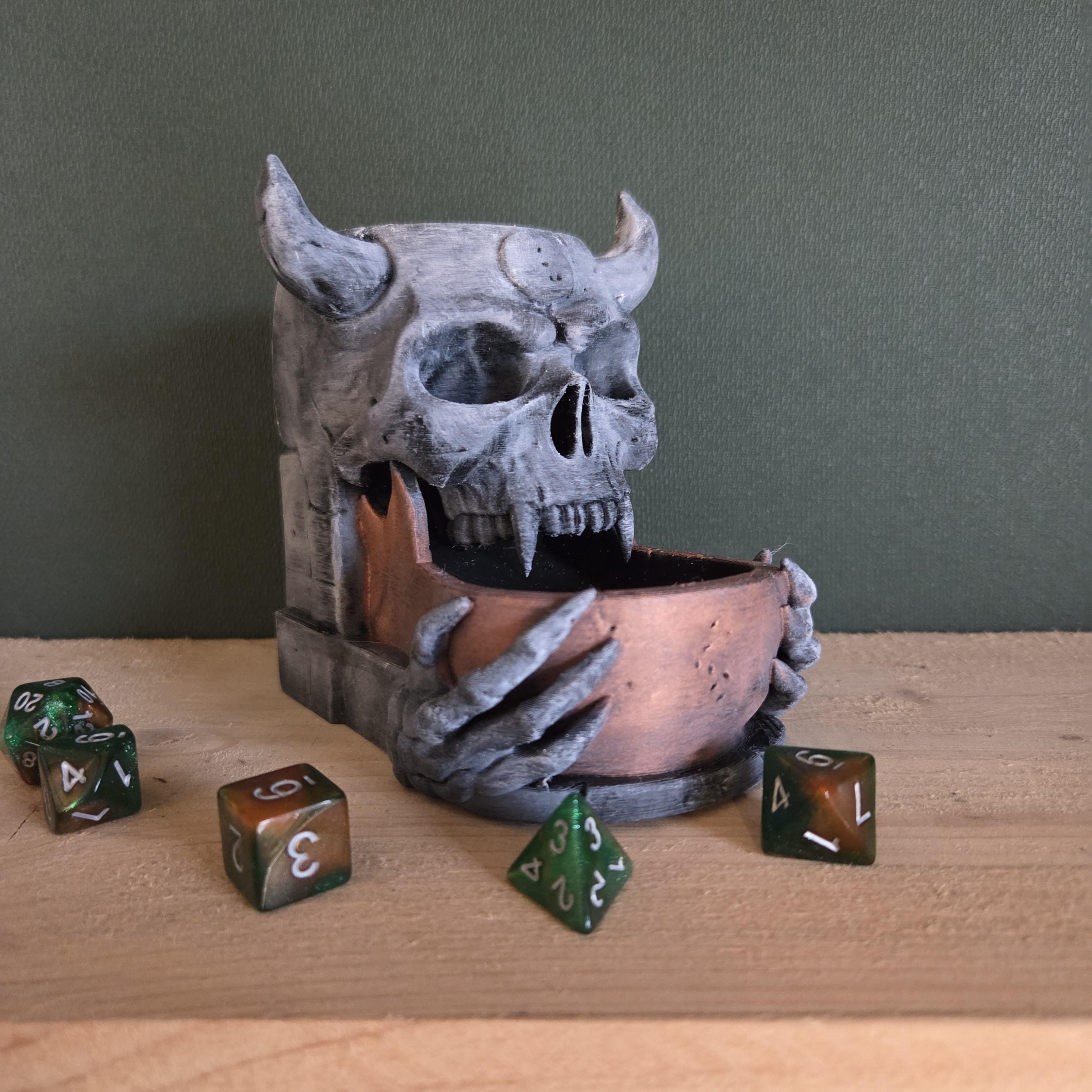 Demonic Skull Dice Tower – Fantasy Dice Roller with Horned – Handmade Tabletop Gaming Accessory