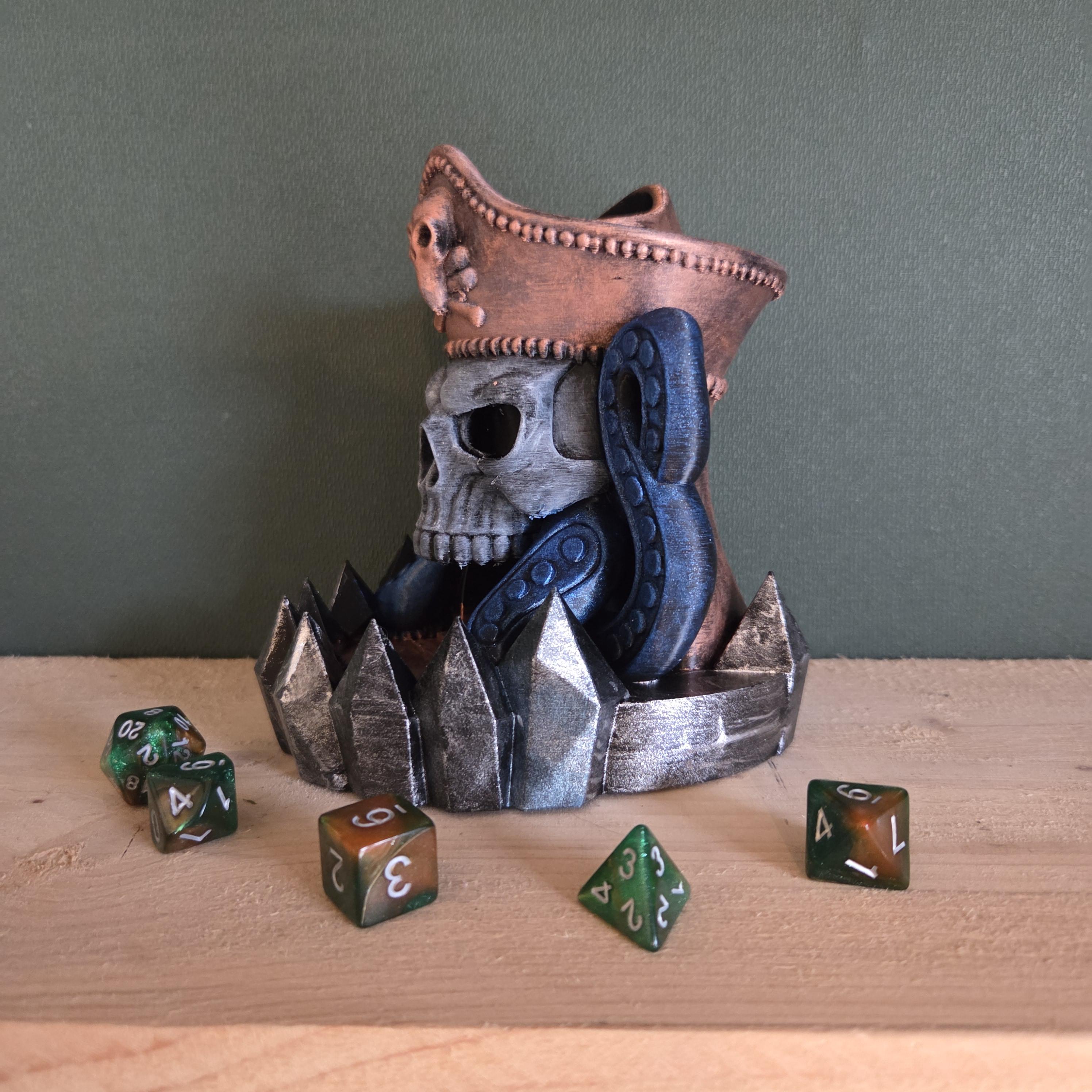 Pirate Skull Dice Tower – Fantasy Dice Roller with Tentacles and Spiked Base – Handmade Tabletop Gaming Decor