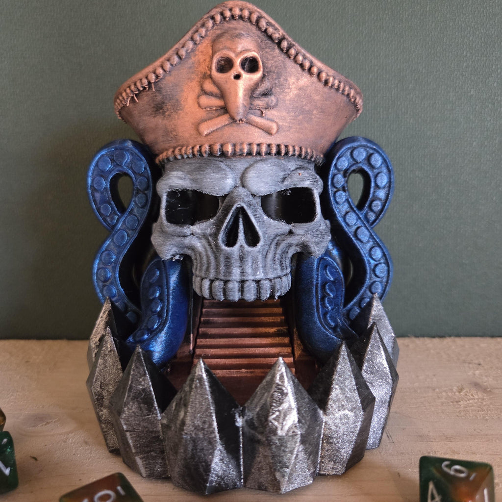 Pirate Skull Dice Tower – Fantasy Dice Roller with Tentacles and Spiked Base – Handmade Tabletop Gaming Decor