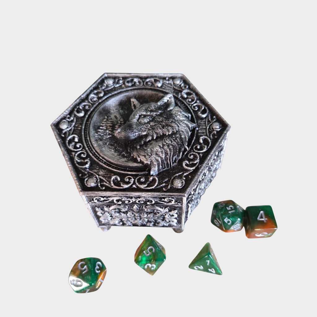 Wolf Dice Box – Gothic Hexagon Dice Storage with Wolf Head | DnD RPG Dice Case | Fantasy Tabletop Gift