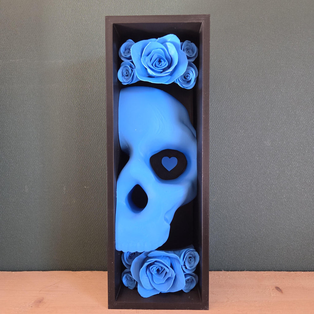 Blue lights out Skull Bookends with Roses – Gothic Bookshelf Decor – 3D Printed Skull Book Accessories – Dark Academia Home Decor