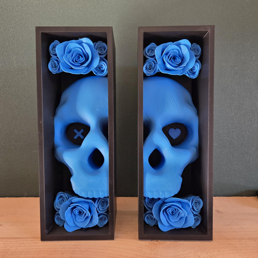 Blue lights out Skull Bookends with Roses – Gothic Bookshelf Decor – 3D Printed Skull Book Accessories – Dark Academia Home Decor