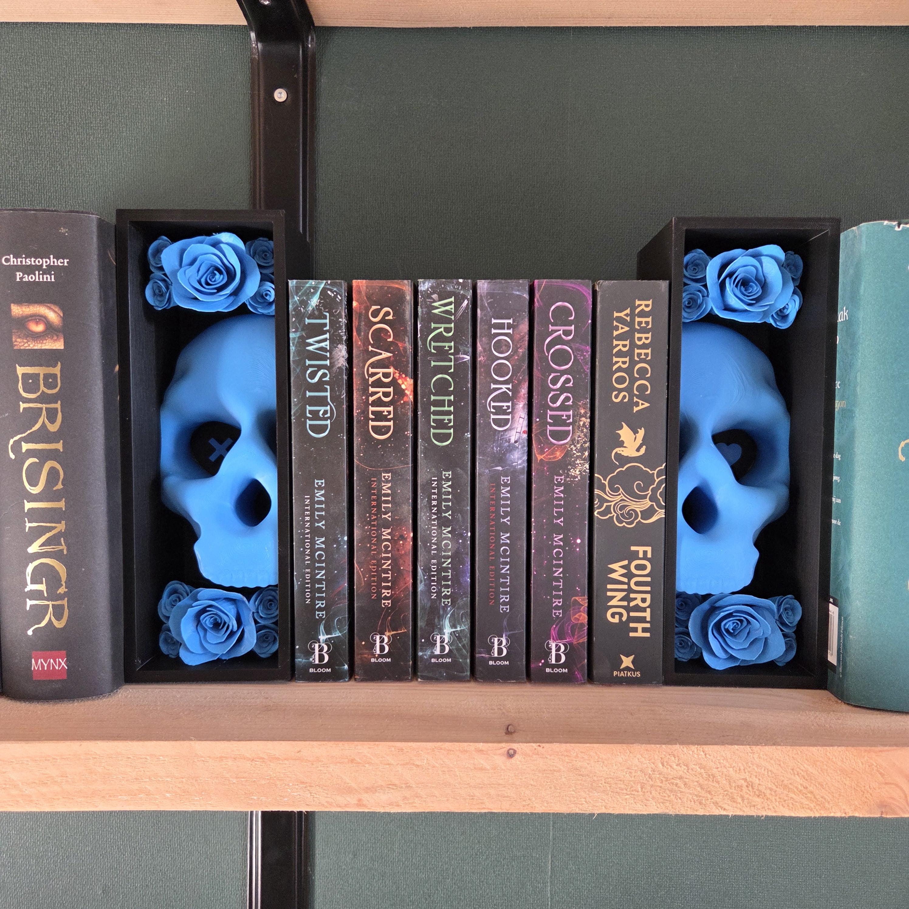 Blue lights out Skull Bookends with Roses – Gothic Bookshelf Decor – 3D Printed Skull Book Accessories – Dark Academia Home Decor