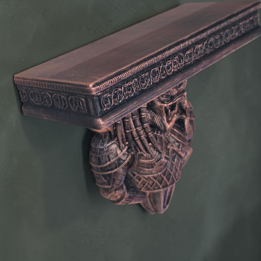 Alien Hunter Wall Shelf – Sci-Fi Warrior Shelf – Gothic Wall Decor – 3D Printed Shelf – Dark Fantasy Decor – Unique Wall Bracket Art